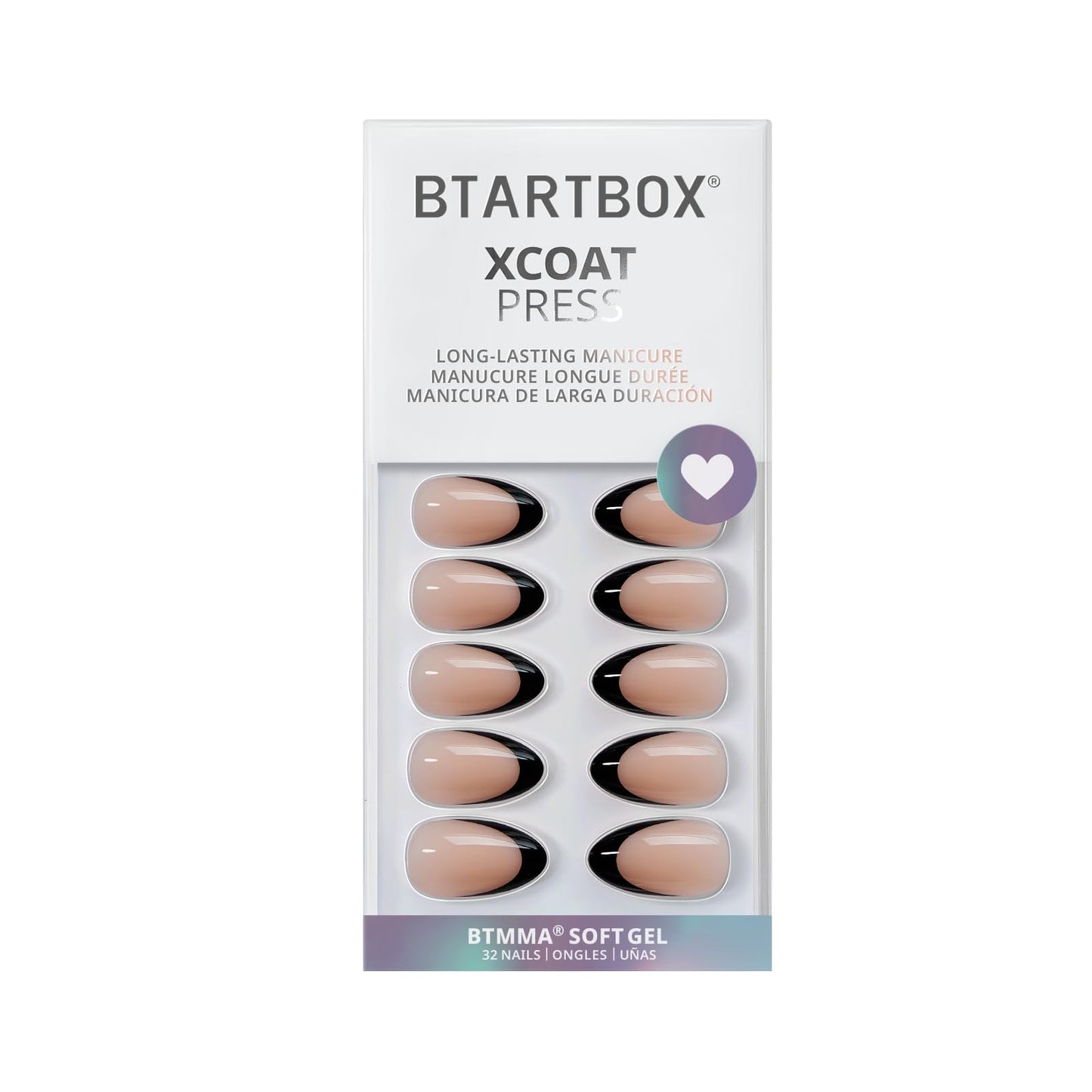 BTArtbox Press On Nails Short - Black French, Almond Press On Nails with Glue and Adhesive Tabs for Women in 16 Sizes - 32 Soft Gel Glue On Nails Kit
