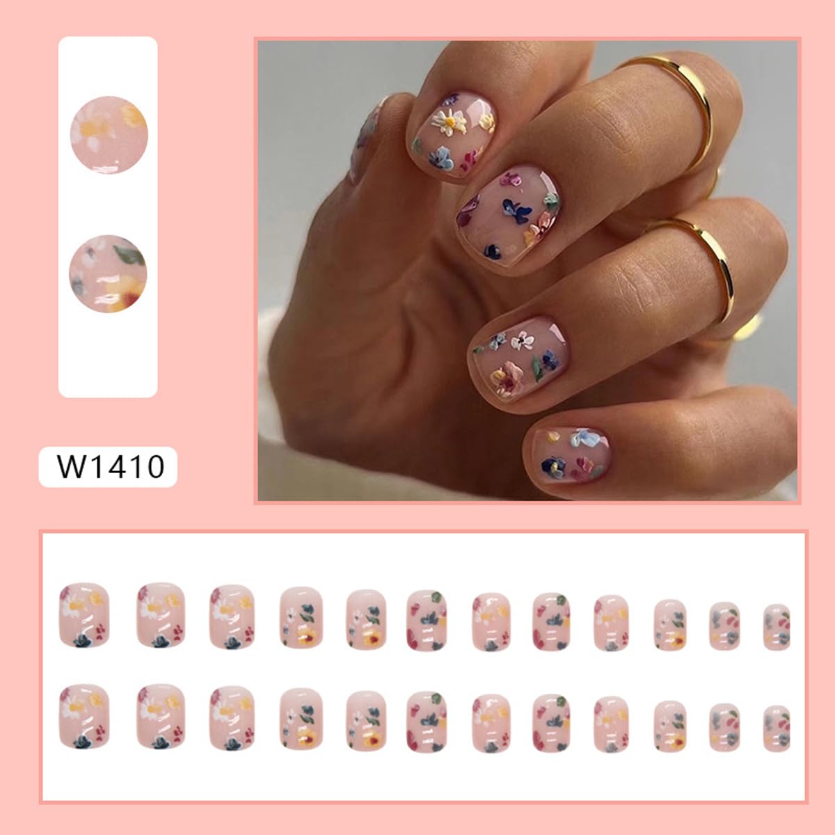Flower Press on Nails Extra Short Square Fake Nails Nude False Nails Press ons with Colorful Floral Designs Reusable Acrylic Nails Full Cover Glue on Nails Stick on Nails for Women Manicure 24Pcs
