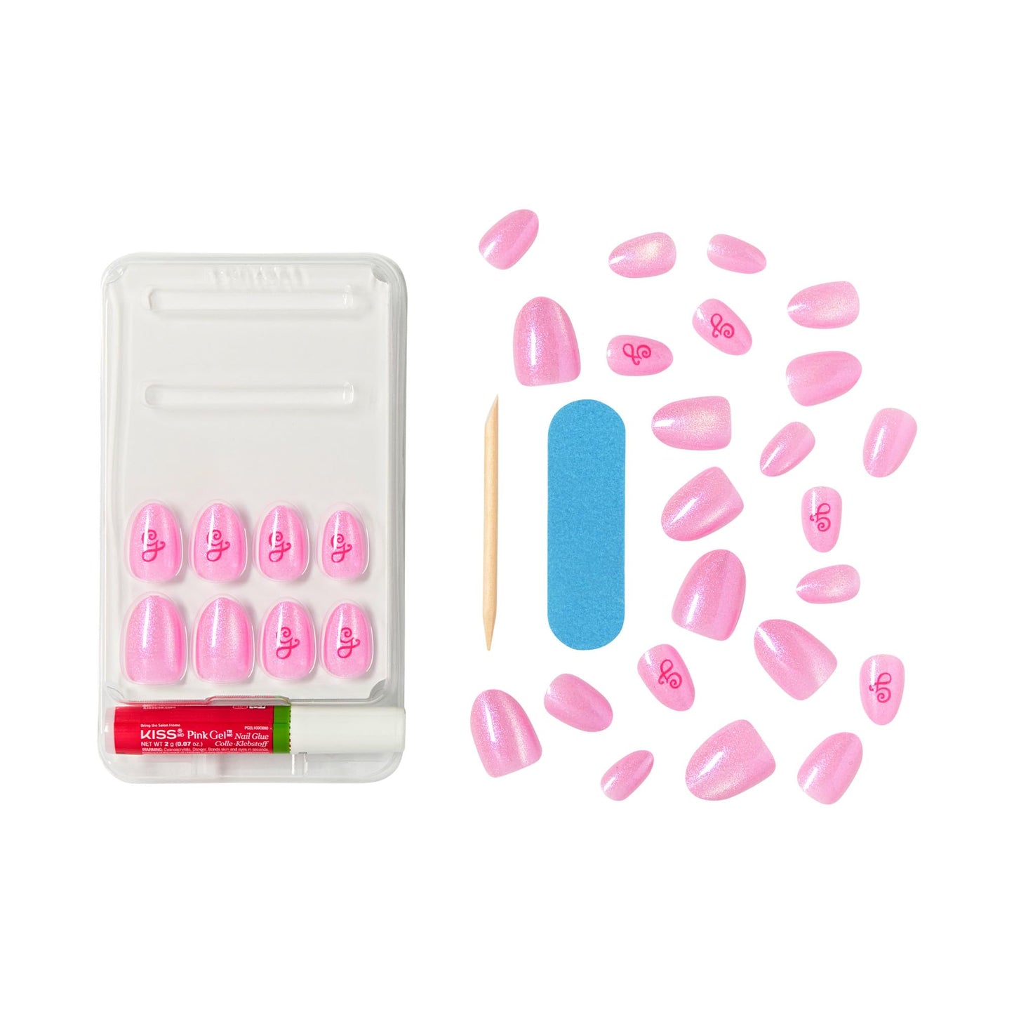 WICKED X KISS Press On Nails Almond, ‘Glinda Goodness’, Pink, Short, Waterproof, Chip Proof, Smudge Proof, 28 Fake Nails, Pink Gel Nail Glue (2g), Mini Nail File, & Manicure Stick