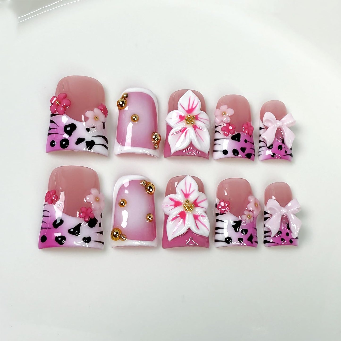 10Pcs Cute Leopard French Tip Press on Nails Handmade Fake Nails with 3D Flower Bow Design Short Duck False Nail Handmade Acrylic Nails Press ons Reusable Pink Flower Stick on Nails for Women (M)