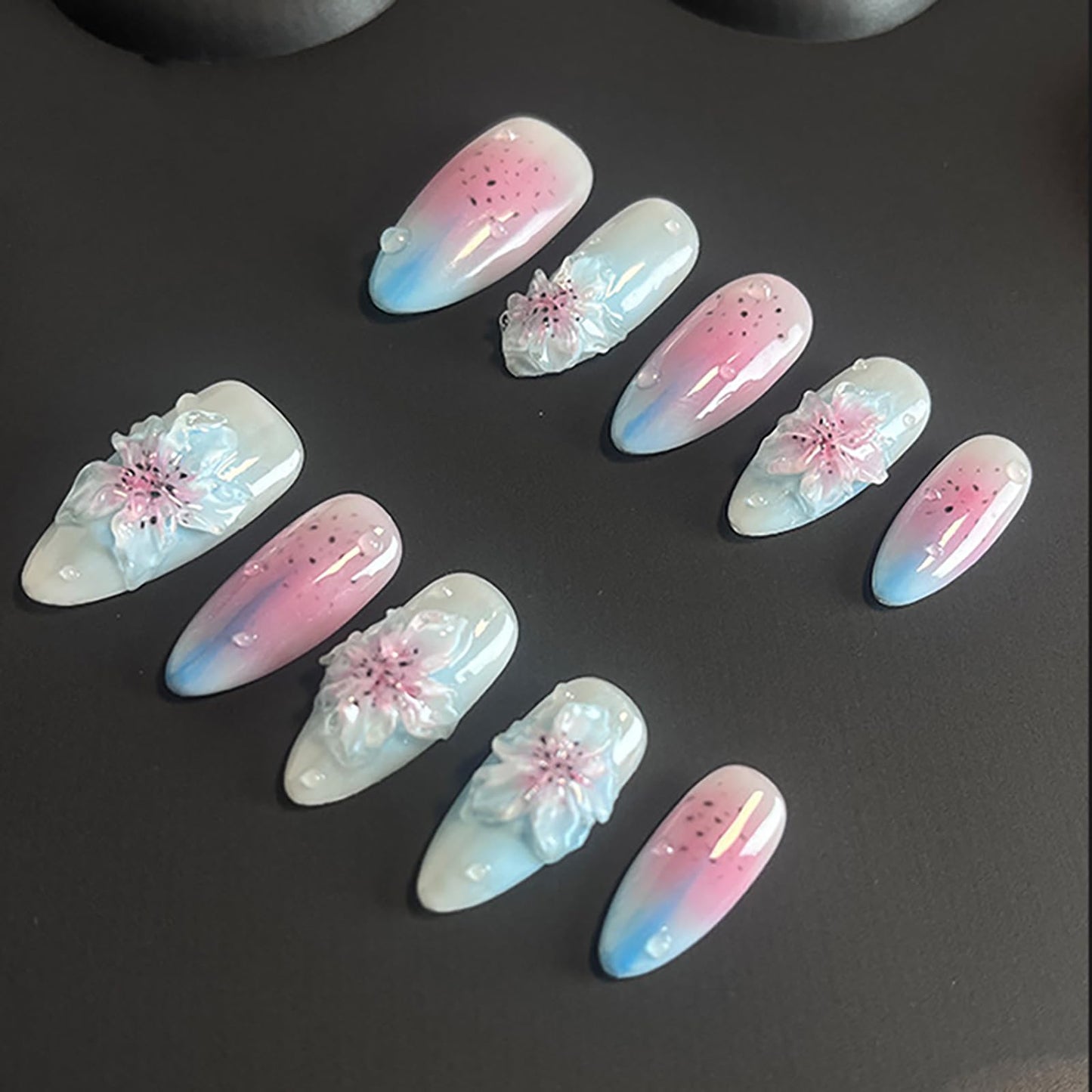 Luxury Press on Nails Medium Almond Handmade 3D Unique Reusable ABS Material Fake Nails Blue False Nails with Designs Water Drop Pink&Blue Flower Art Petal Glossy Thick Acrylic Nails(M)