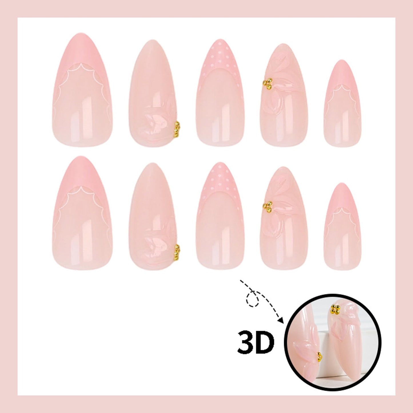 24Pcs Light Pink Press on Nails Medium Almond Fake Nails with 3D Floral & Gold Rhinestones False Nails Acrylic Glossy Full Cover Stick on Nails for Women Manicure Decorations