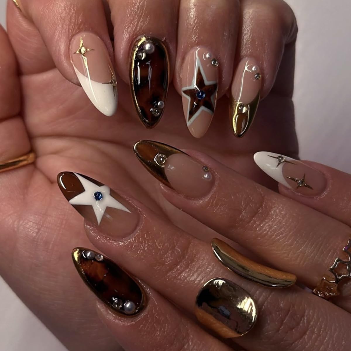 HPYFOI Press on Nails Medium Almond - Y2K Star & Brown Tortoise Fake Nails,French Tip Reusable Glue on Nails for Women Manicure 24Pcs
