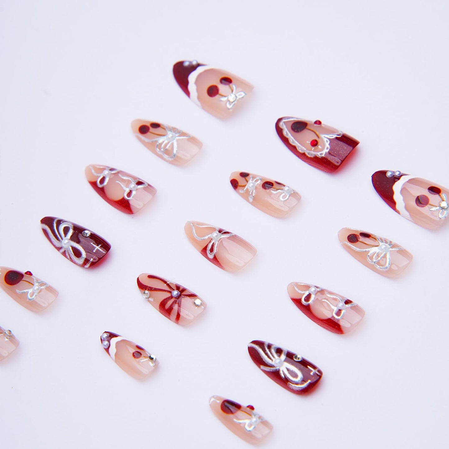 30pcs French Tip Press on Nails Medium Almond Fake Nails with 3D Bow Pearl Sweet Style French Cherry False Nails Cute Bow Press on Full Cover Artificial Glue on Nails Rhinestone Stick on for Women