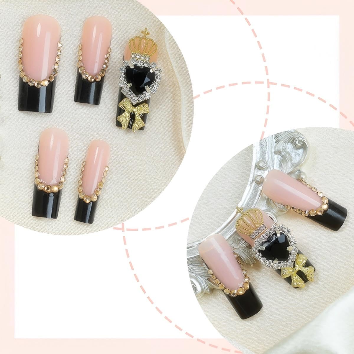 Rchovsam xl Black French Tip Press on Nails Square Long Flase Nails Press Ons Black Love Diamond Designs Fake Nails Gold Crown Acrylic Full Cover Gel False Nails Gift for Women 24pcs