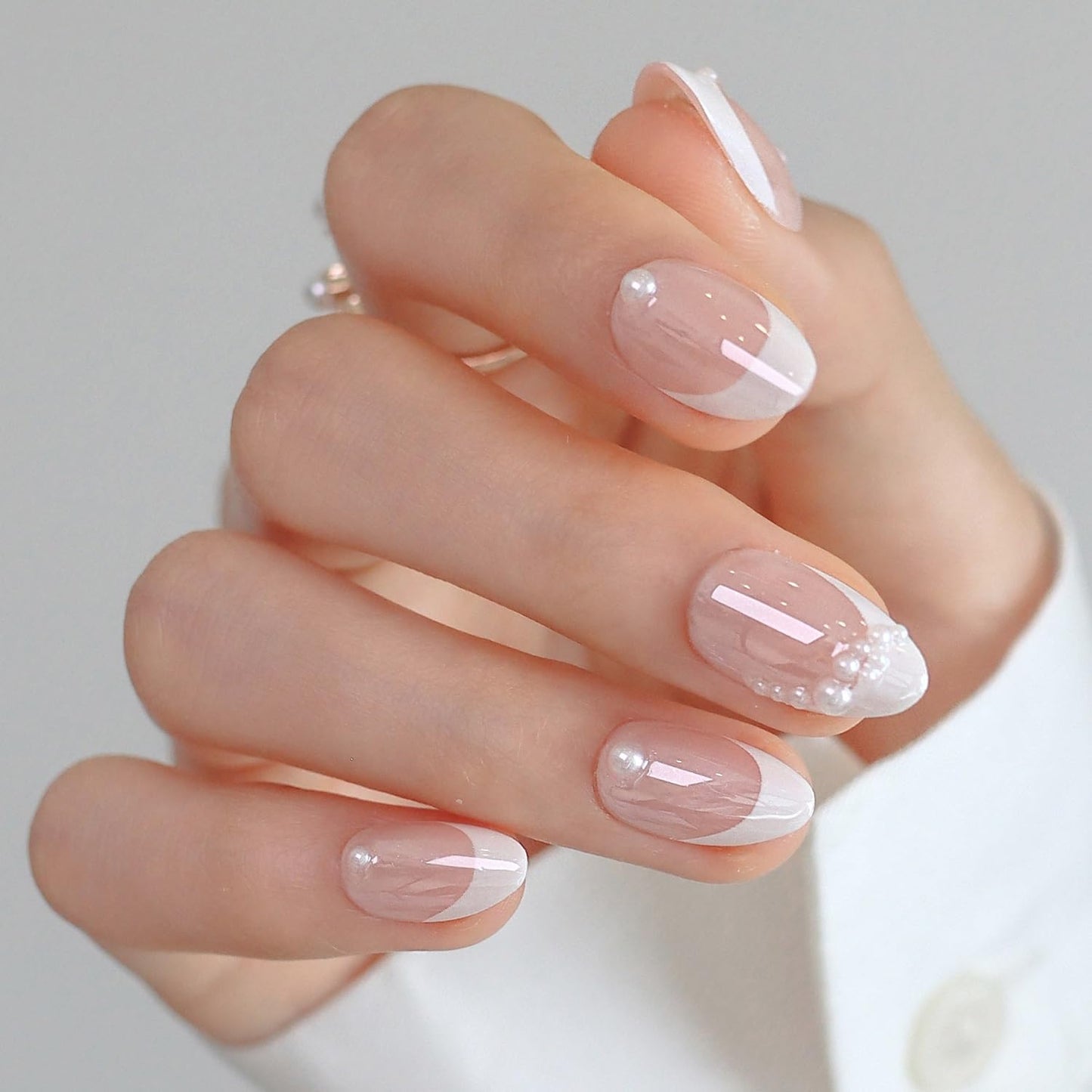 LAMIMOSA 32Pcs French Tip Press on Nails Short Almond - Soft Gel Fake Nails in 16 Sizes with 3D Pearl Accents, Reusable Semi-Transparent Glue on Nails kit in Glazed Finish, PEARLY WISH