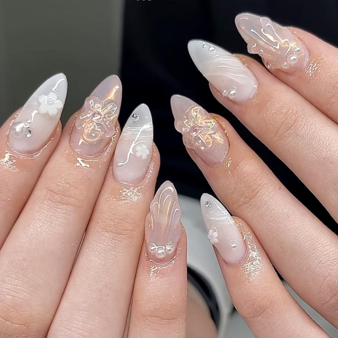 Set 10Pcs -Clear -Gel 3D -Flowers -Nails -Charms Plain No Rhinestone Gems Handmade by Gel, Design For Medium & Long Nail, 3D Flower Nail Art Floral Salon Decor For Women(Medium, ApricotBlossom Clear)