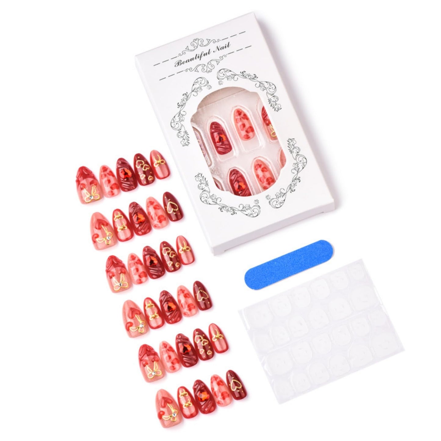 Medium Almond Press on Nails for Women,Red Lips & Hearts,Fake Nails Artificial Stick on Nails