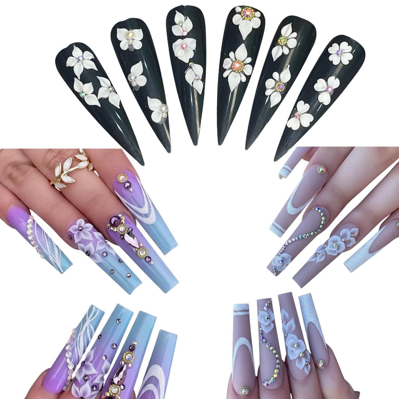 Set 32Pcs 3D White Acrylic Flower Nail Art Charms Handmade by Acrylic Powder -Flowers Nail Rhinestones Kit 3D Crystal Nail Pearls Design Acrylic Nail Art for Women (White)