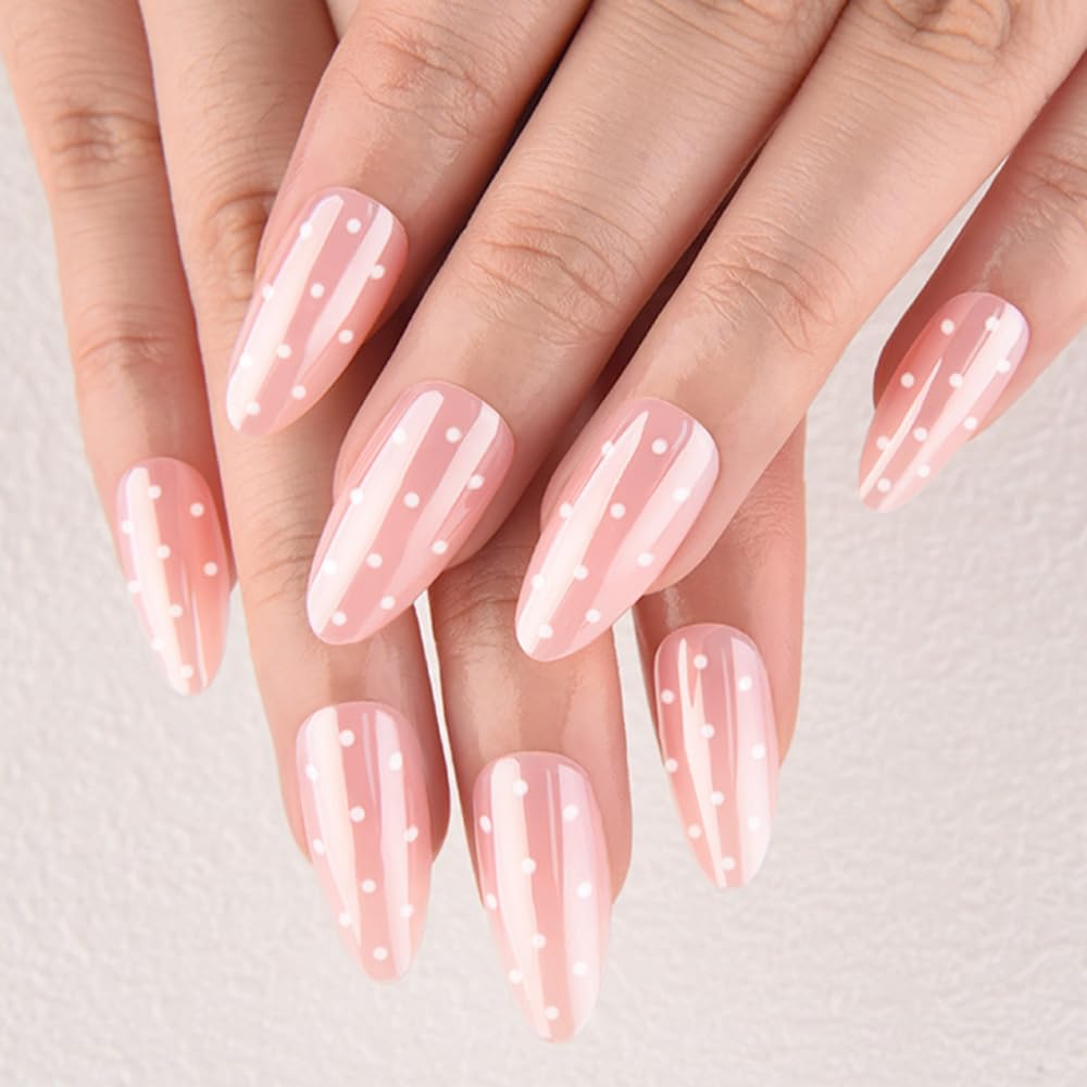 evpct Nude Pink Glazed Press on Nails Medium Almond No Glue, Medium Almond with White Dot Design Chrome Metallic Aurora Stick on Nail for Women, Reusable Full Cover Soft Press on Fake Nail