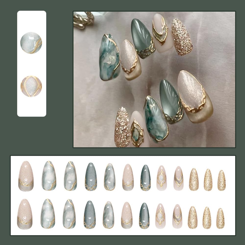 24 Pcs Cat's Eye Press on Nails Short Almond,MINGCHUN Fall Fake Nails Press ons Acrylic Nail Art Tips Kit Full Cover False Nails Glue on Nails with 3D Gilded Marble Texture Glitter Design for Women