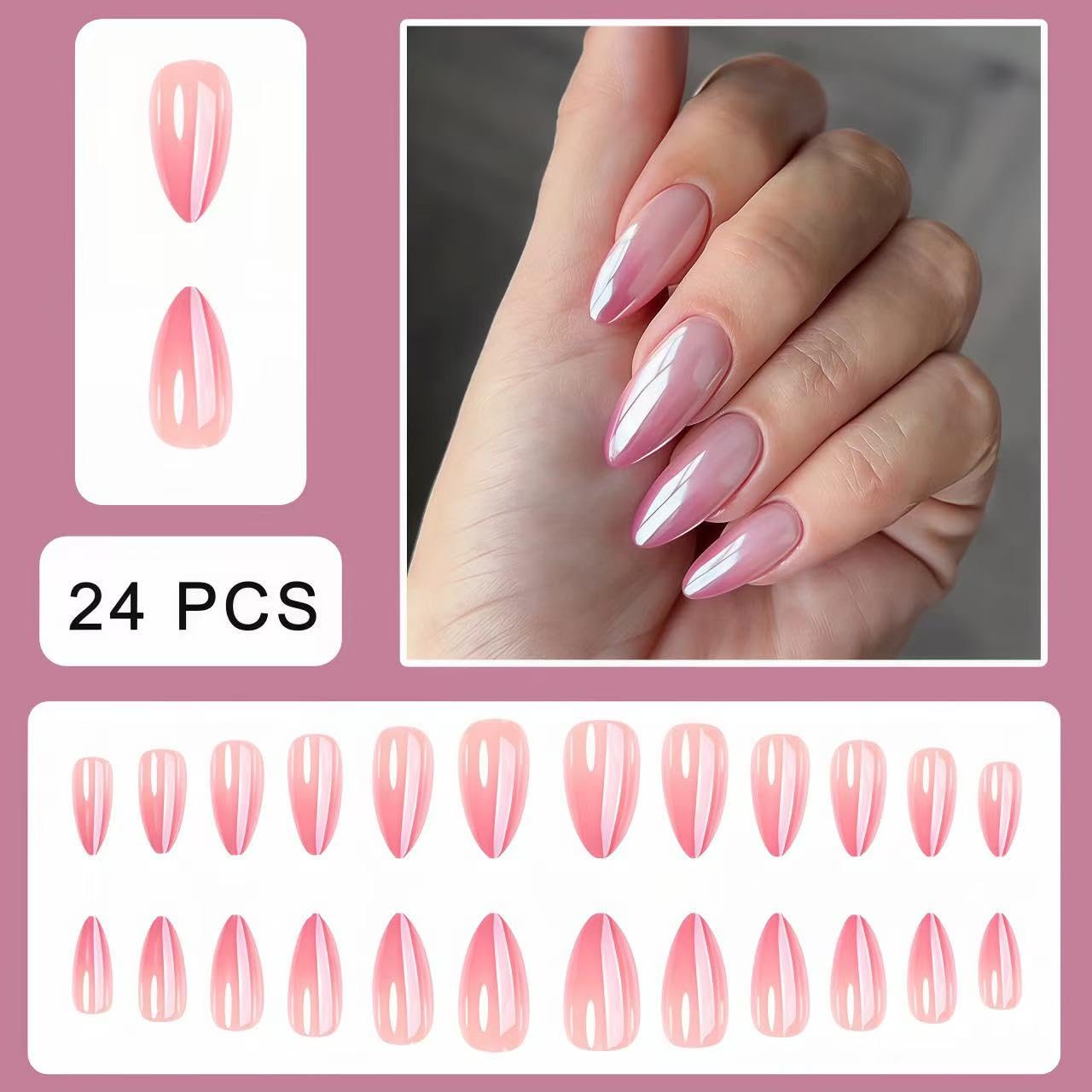 Gradient Nude Pink Electroplated Press on Nails SHIQIXIANNV Almond Fake Nails Metallic Mirror False Nail Design Rose Pink Glossy Acrylic Nails for Women Girl DIY Manicure Decoration 24Pcs