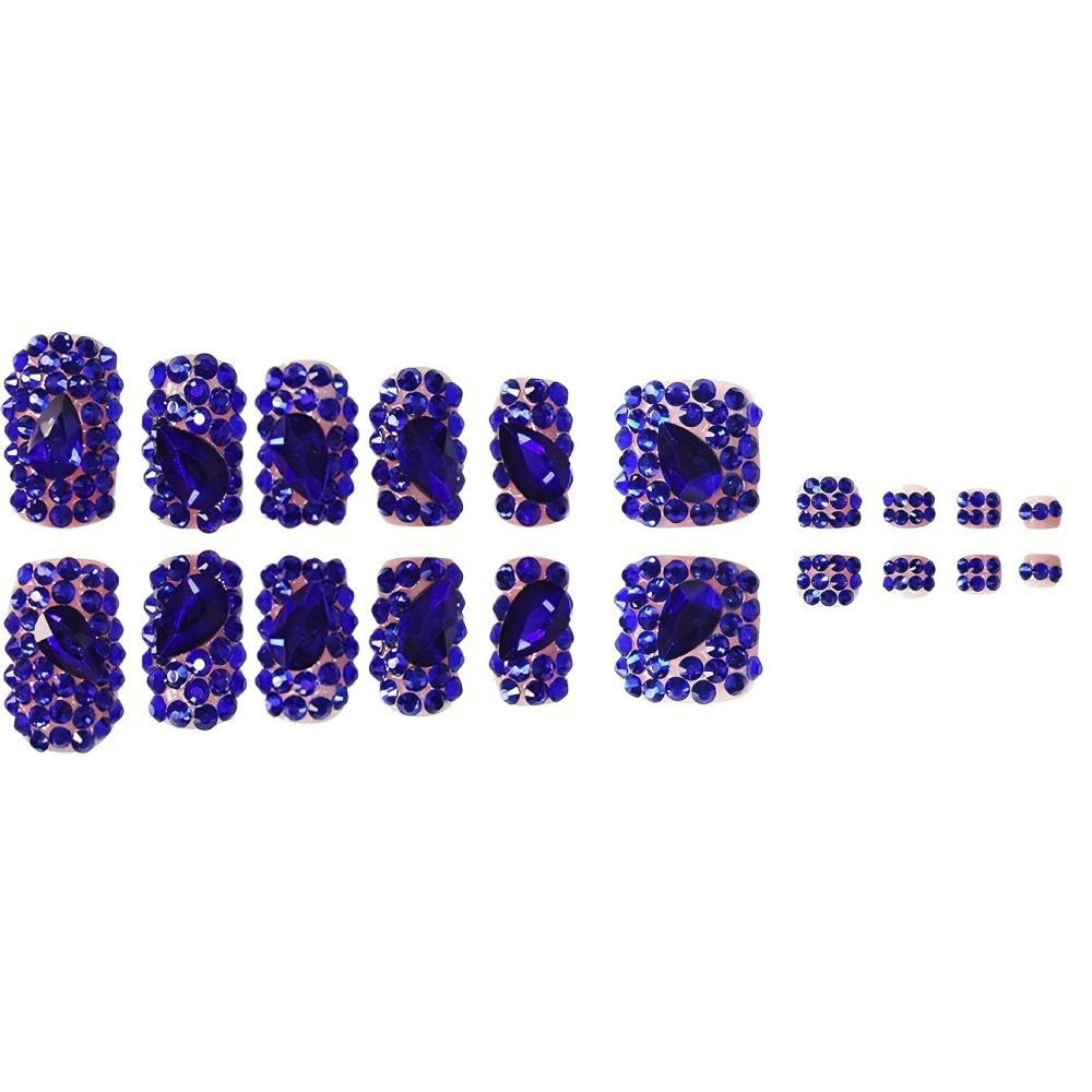 Diamond Press on Nails Short Square Press on Toenails Medium Square Fake Nails with Blue Rhinestone Design Glossy Skin Tones False Toenails Reusable Full Cover False Nails for Women Manicure 48Pcs