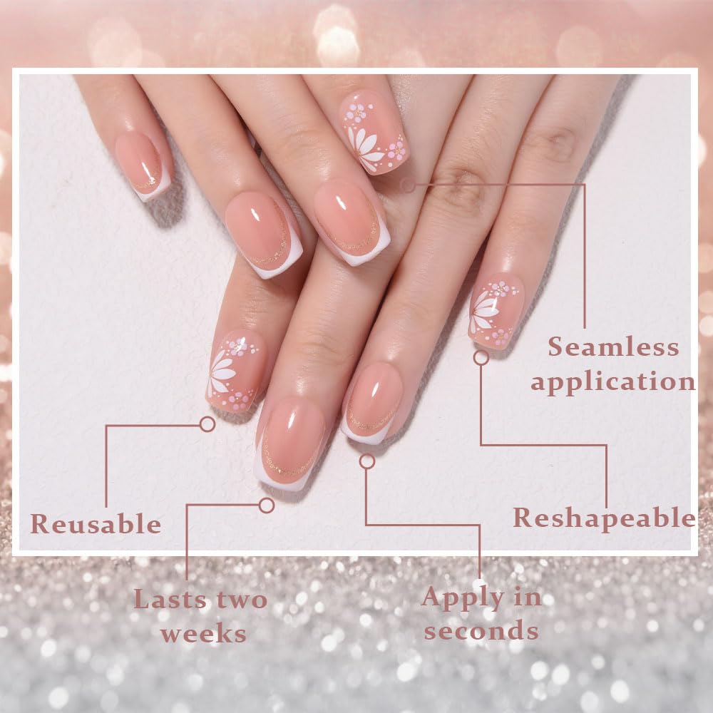 XZMeiLun French White Gold Press On Nails, Short Square Acrylic Fake Nails with 3D Gold Line French Tip Floral Design, Natural Reusable Glue-On Nails Kit for Women DIY Nail Art Decoration Gift
