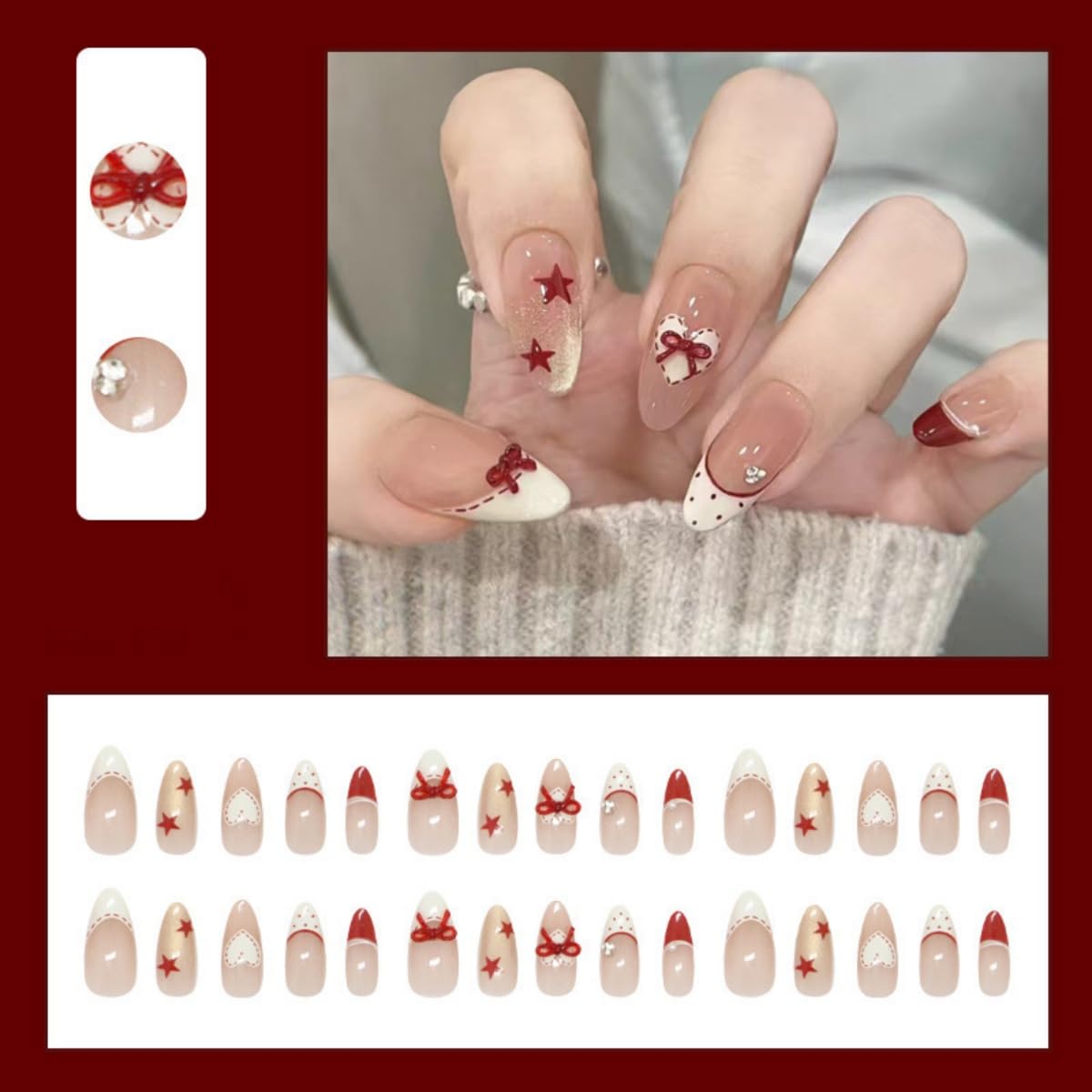 French Tip Press on Nails Medium Almond Fake Nails with Glue Nude Glitter Glossy Acrylic Nails Design Star Heart Bow Rhinestones Design False Nails for Women Manicure Decoration 30PCS
