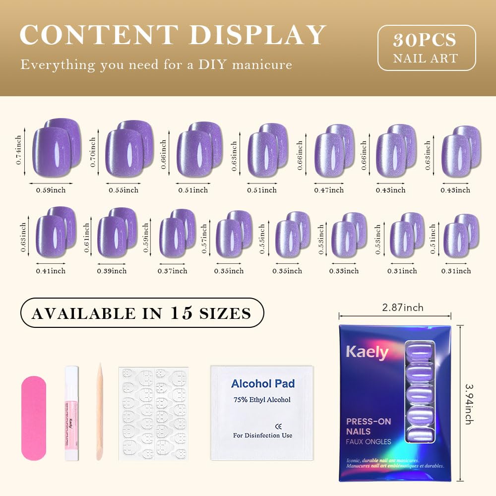 Lavender Cat Eye Press on Nails Short Square, Short Square Stick on Nails for Women Gift, Orchid Purple Glitter Glossy Fake Nail Reusable Press on Acrylic Fake Nail with Holographic Cat Eye Design