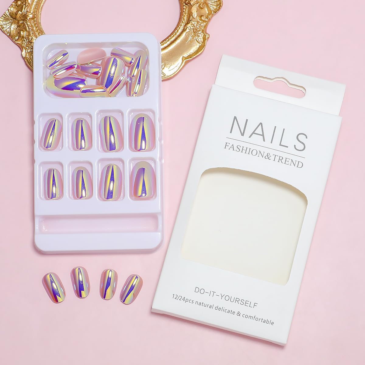Press on Nails Short Oval Fake Nails Purple Metal Chrome False Nails with Glossy Holographic Gradient Acrylic Nails Shiny Full Cover Glue on Nail for Women Manicure 24Pcs