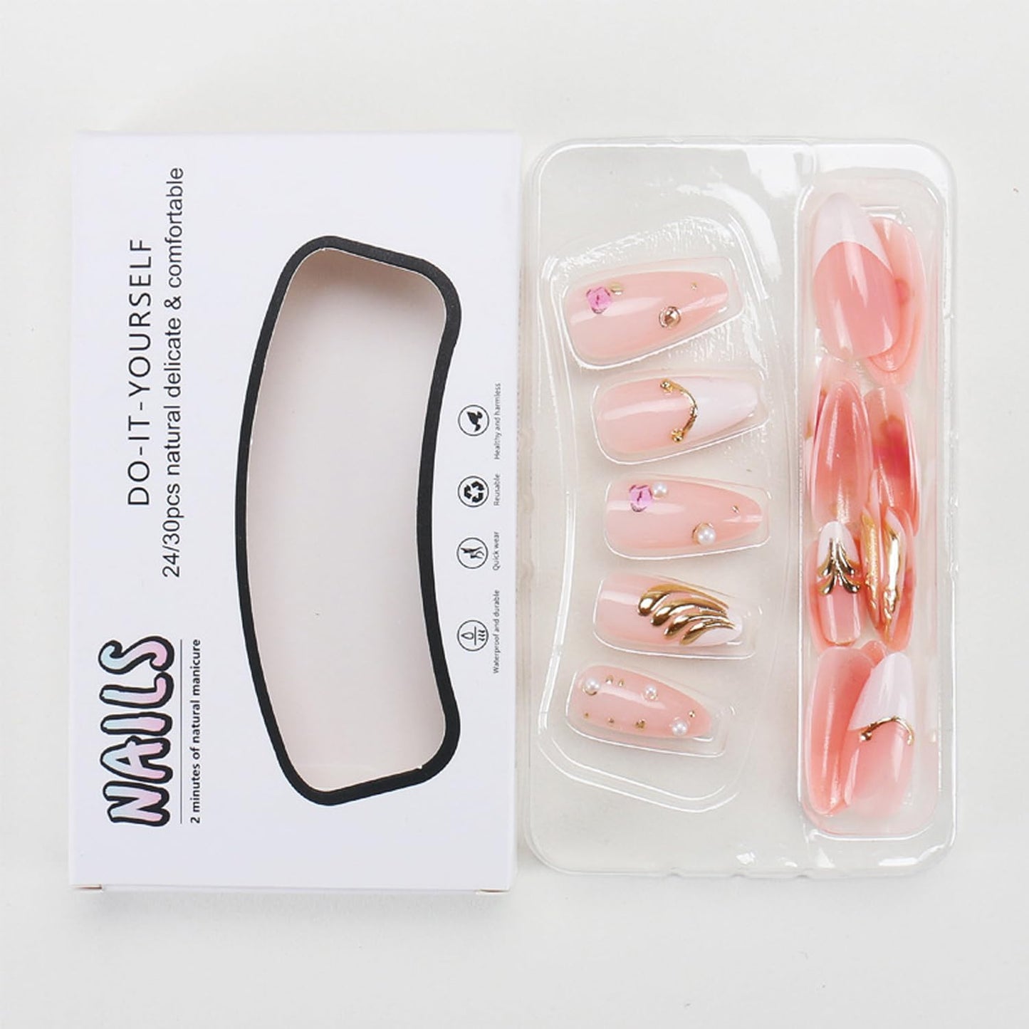 3D Cute Flowers Press on Nails Medium Almond Press on White French Tip Fake Nails Gold Edge False Nails with Pearls Designs Stick on Nails Glossy Glue on Nails for Women Nails Decor Accessories 24Pcs
