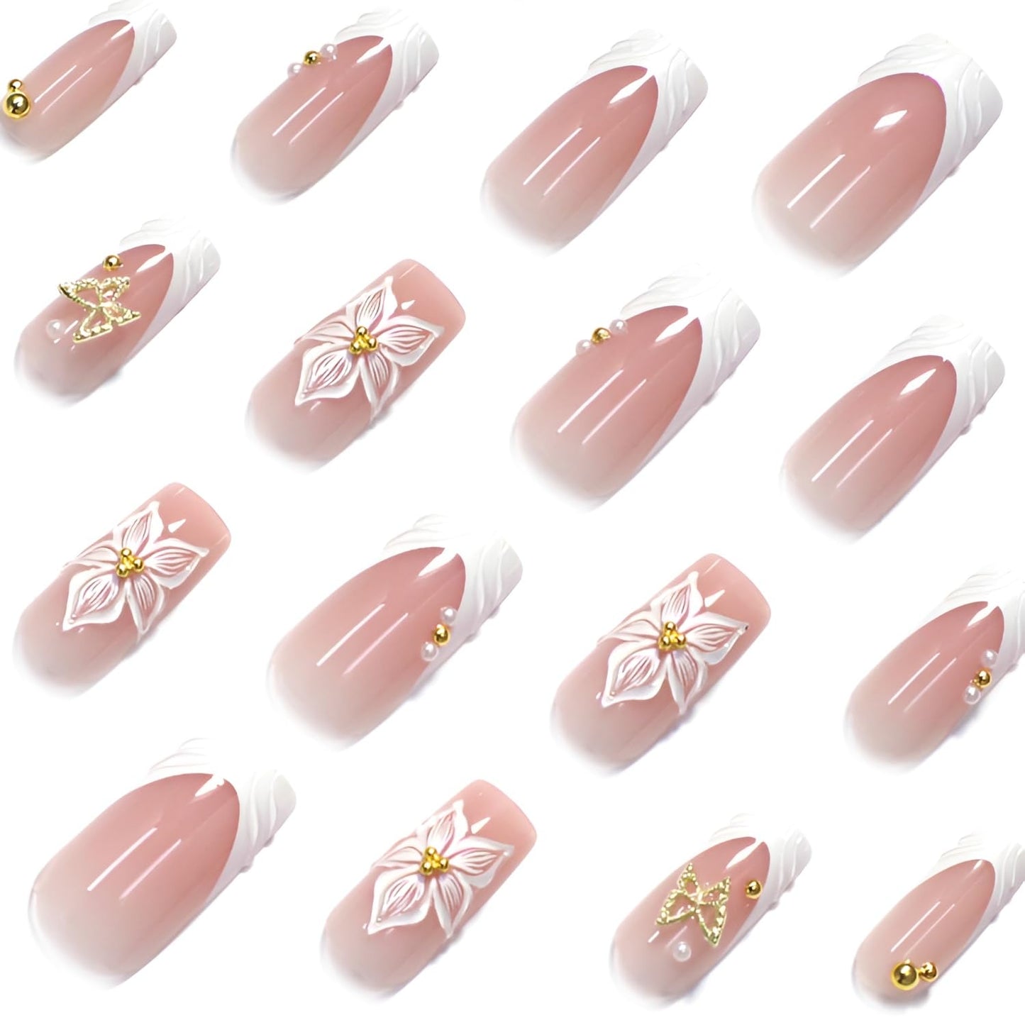 French Tip Fake Nails Medium Square Press on Nails Flower Glue on Nail Butterfly Glue on Nail with Rhinestones Design Glossy False Nails White Stick on Nail for Women Decorations Set 24Pcs
