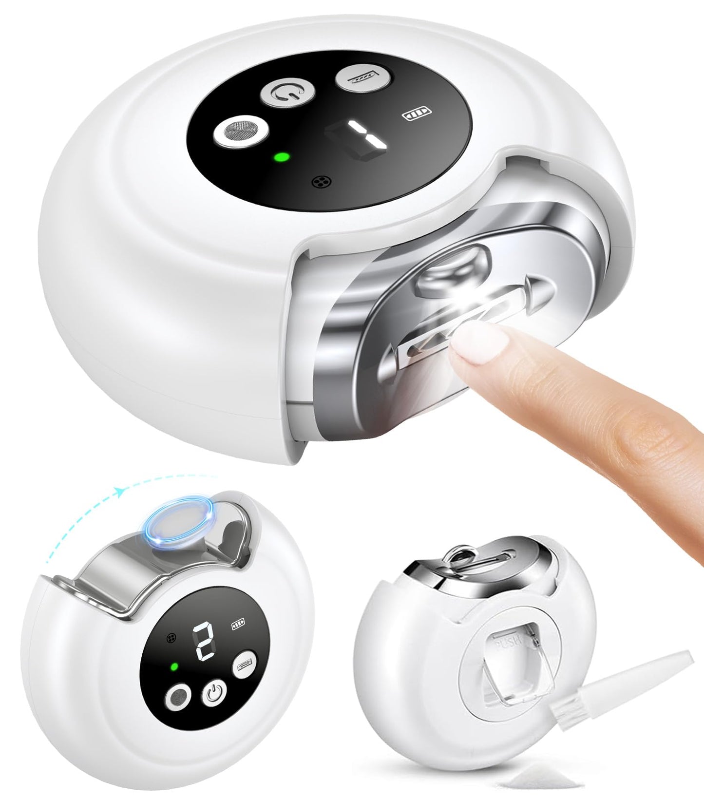 Electric Nail Clippers for All Ages, Rechargeable Safety Grinder, Pinch-Free Auto Trimmer with Debris Catcher, 3-Speeds Nail File and Polisher with LED Light, Quiet Care for Baby, Seniors and Adults