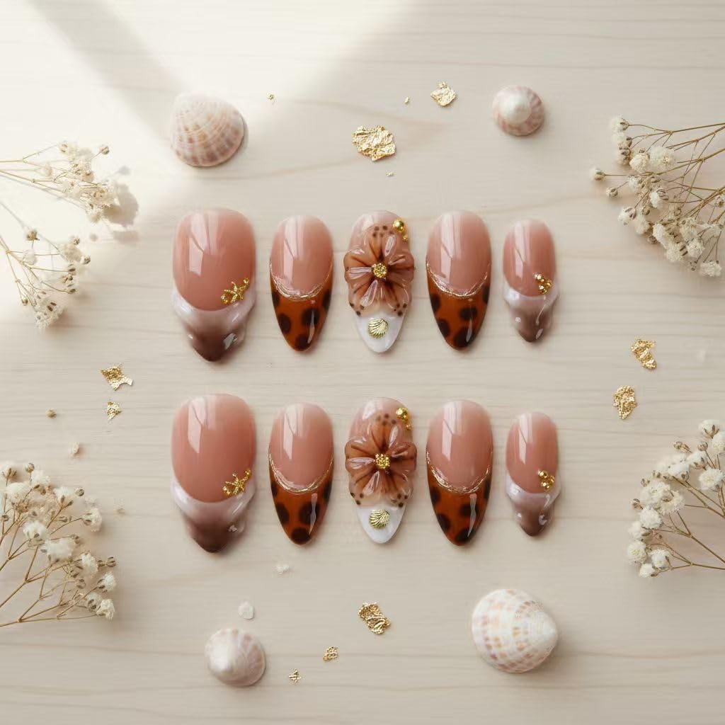 MikaJayboo Handmade Press on Nails Almond Nude Base with Brown French Tip Leopard Print Fake Nails with 3D Flower & Gold Beads for Women Glue on Nails for Daily & Party Wear 10Pcs (Size M)