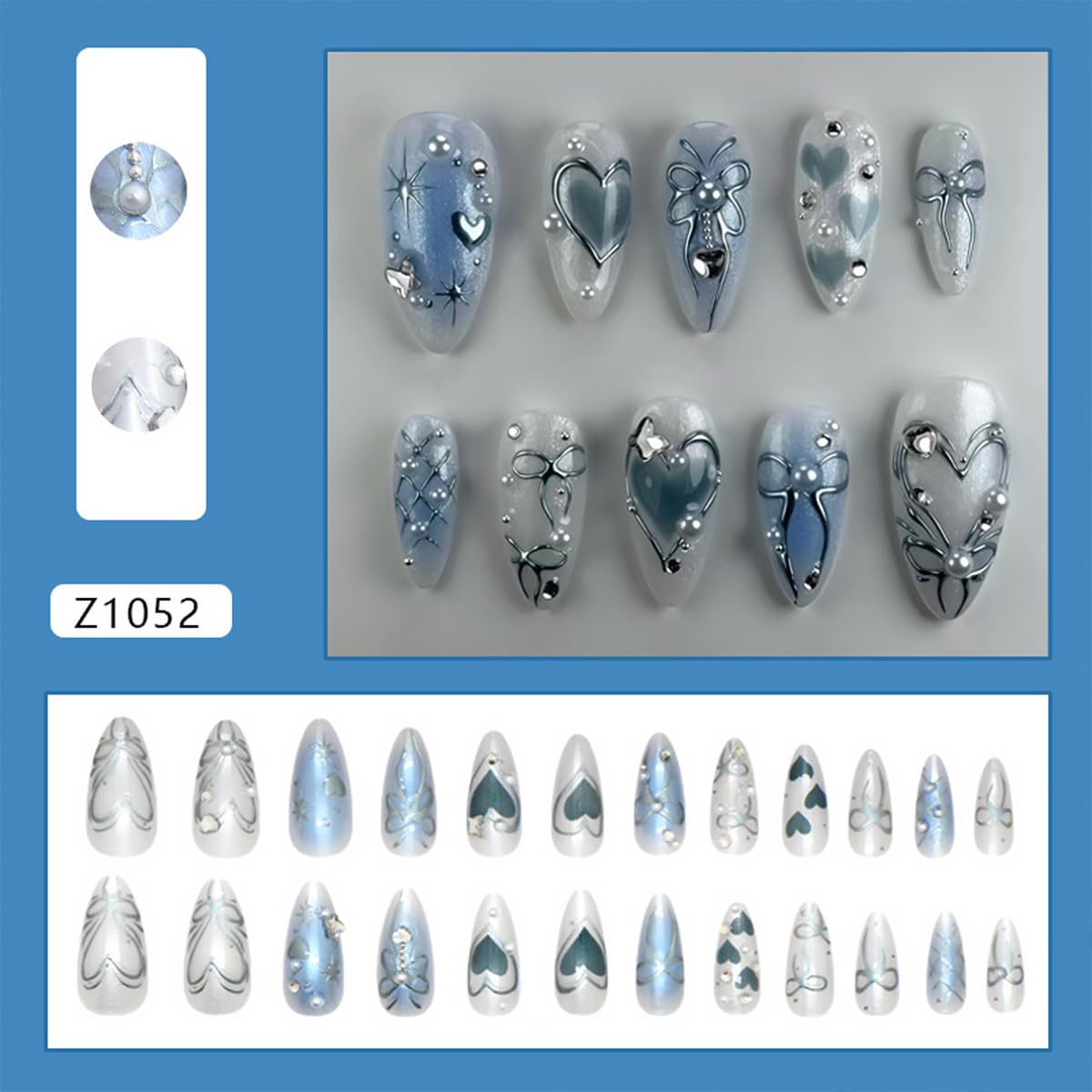 24Pcs Blue Heart Press on Nails Medium Almond Fake Nails with 3D Silver Gems Bow Star Design Cute Butterfly False Nails Full Cover Artificial Glue on Nails Gradient Handmade Stick on Nails for Women
