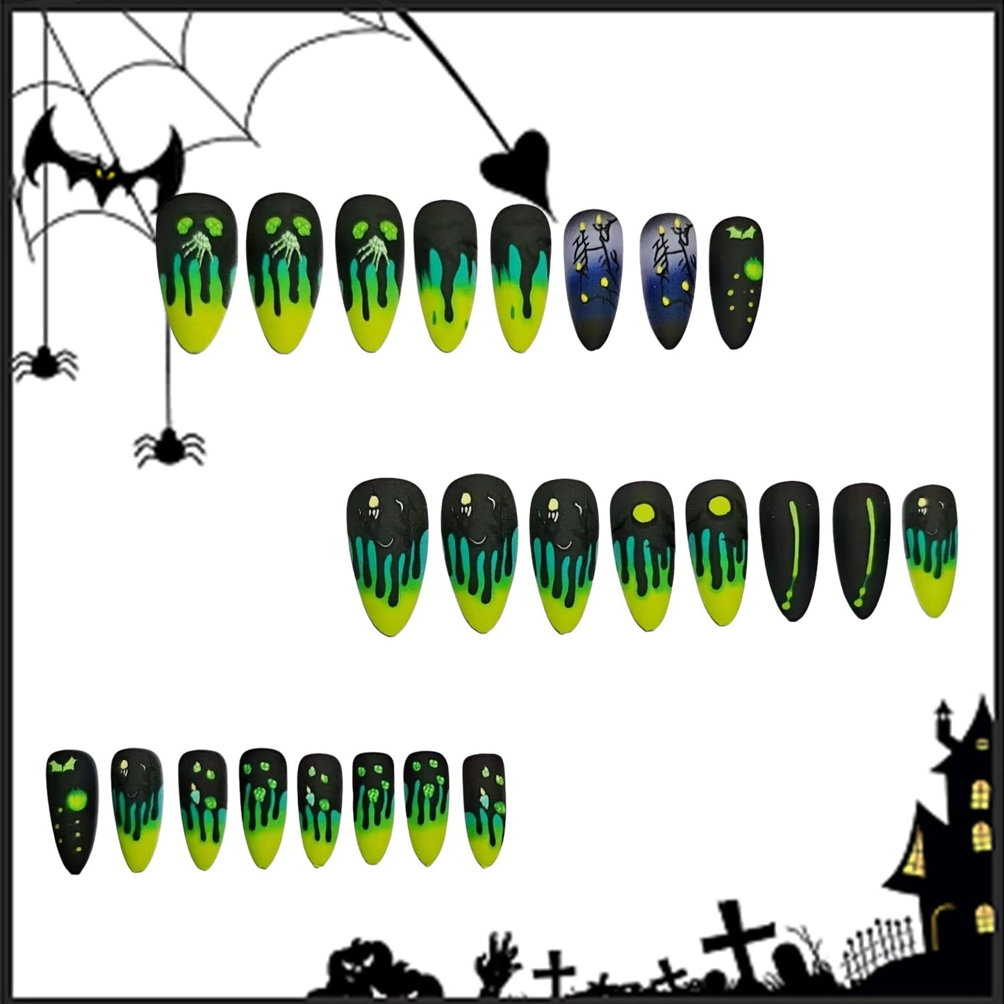 CJDLTS 24Pcs Halloween Fluorescence Press on Nails Long Bat Candle Skull Pattern Halloween Nail Full Cover Artificial Acrylic Fingernails French Tip Almond Stick on Nails for Women Festival Decoration