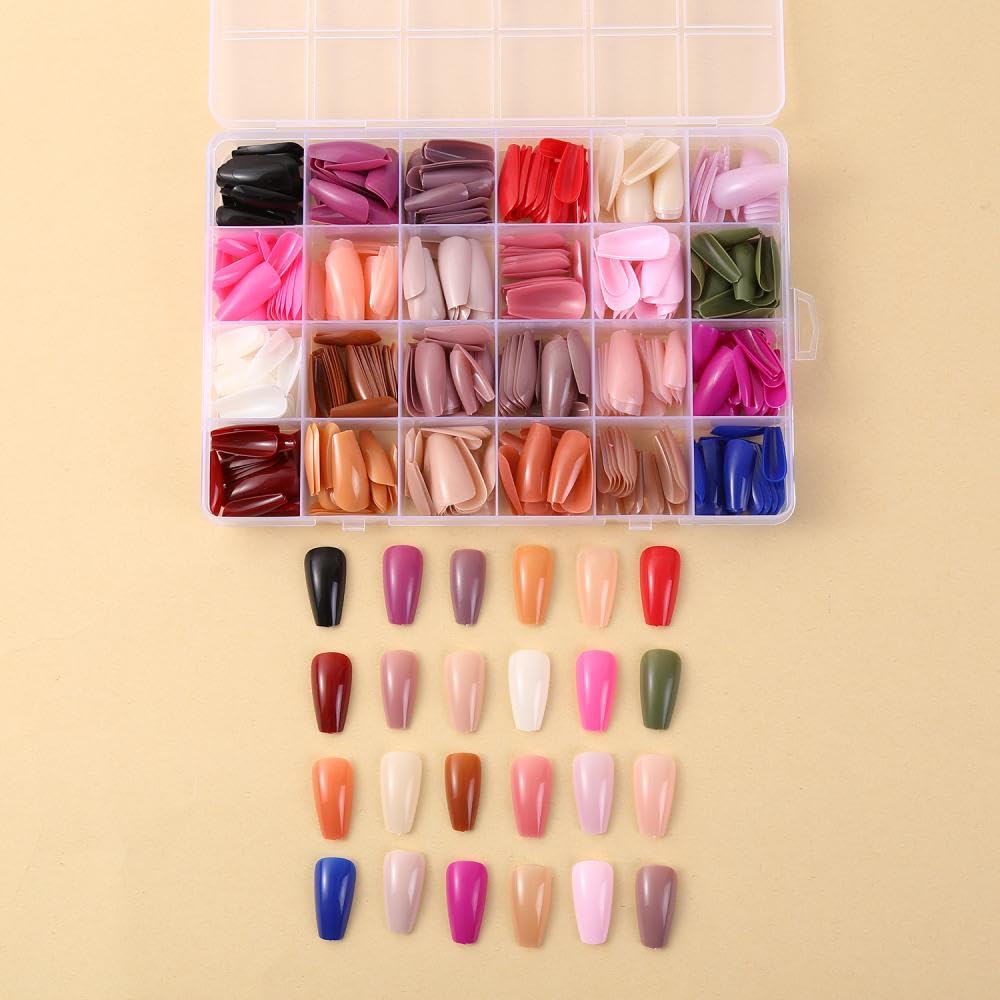576Pcs Medium Coffin Press on Nails 24 Solid Color Fake Nails with Designs Short Ballerina False Nails Full Cover Color Glue on Nails Glossy Summer Stick on Nail Set for Women Girls Nail Art DIY