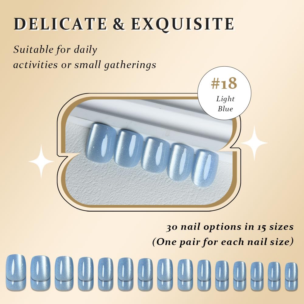 evpct Light Blue Cat Eye Short Square Press on Nails, Short Square Stick on Nails for Women, Light Blue Glitter Glossy Fake Nail Reusable Press on Acrylic Fake Nail with Holographic Cat Eye Design