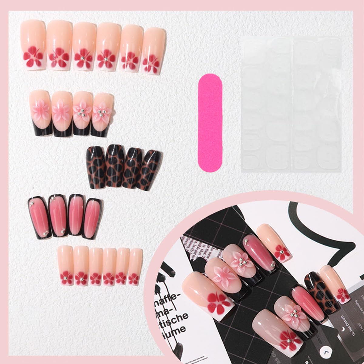 Long Square Press on Nails Black French Tip Fake Nails with Tortoise Shell & 3D Flower Pearls Design Nude False Nails Full Cover Glue on Nail for Women, Elegant Dark Floral Manicure Kit 24Pcs
