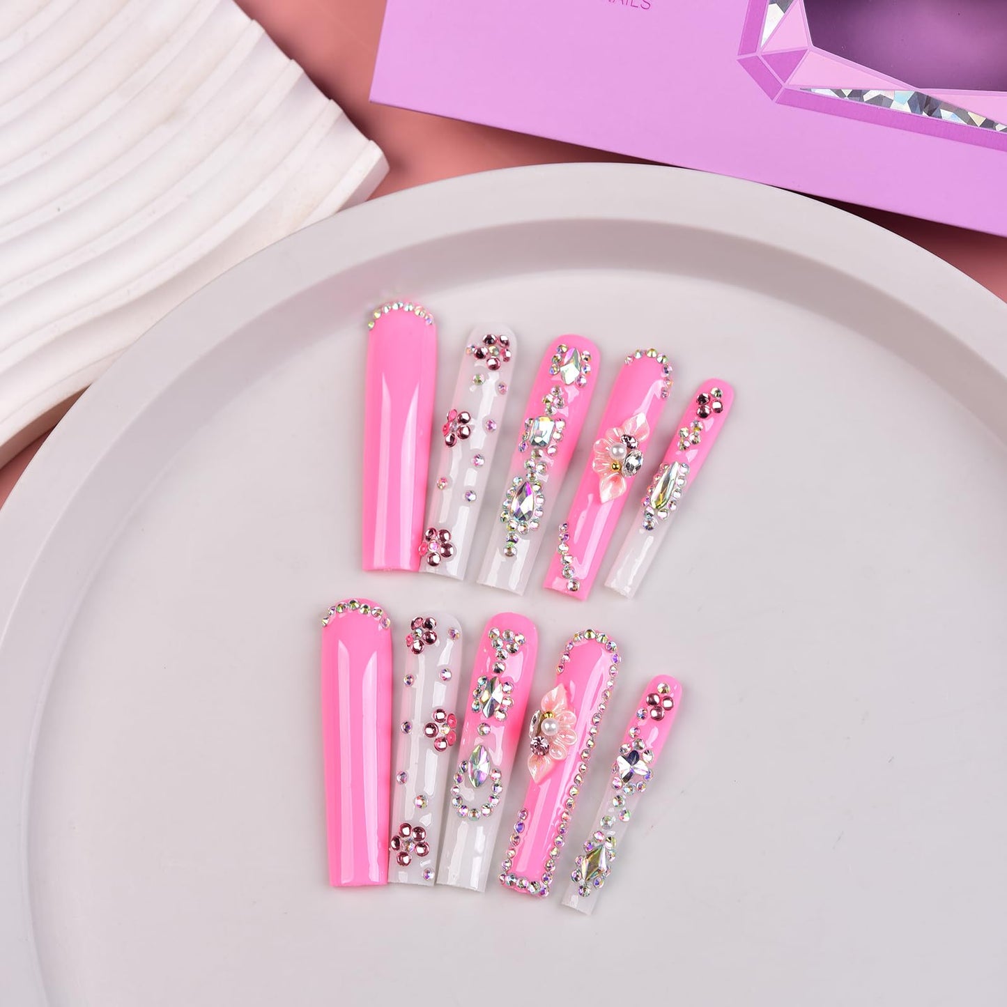 Tmani 10pc/set Extra Long Handmade Press On Nail Hot Girl's Long Ballet Nails Square Nail Full of Diamond Glitter Decoration Fake Nails Suitable For Girls Festival Parties and Birthday Gift (150,M)