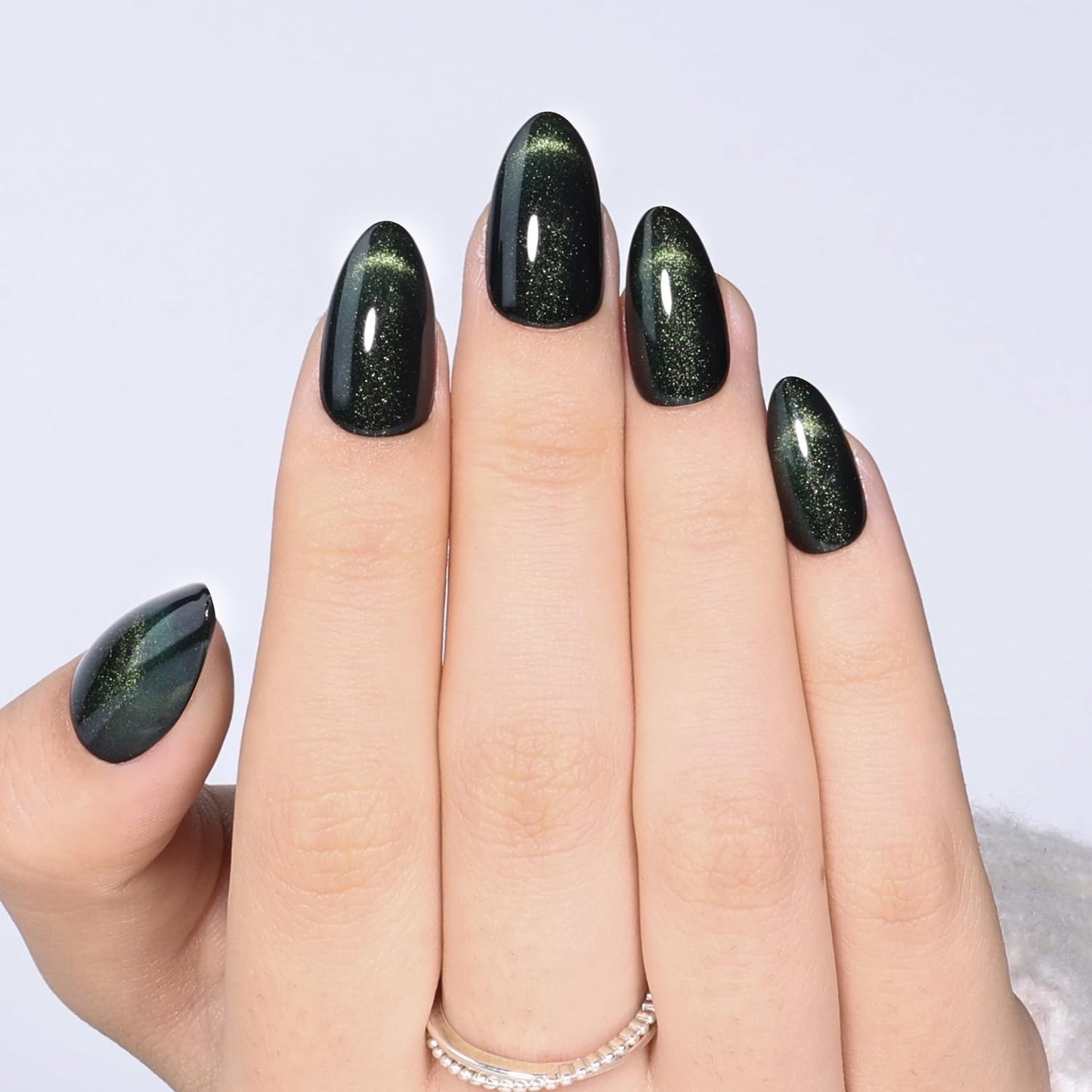WiniBeauty Cat Eye French Tip Press On Nails Almond - Green Short Almond Fake Nails, Dark Green Cateye Press On Nails Reusable Stick On Nails in 16 Sizes 32pcs False Nail Kit for Women(Luminous Dark)