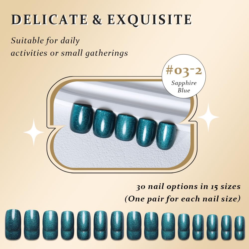 evpct Peacock Blue Cat Eye Press on Nails Short Square, Short Square Stick on Nail for Women Gift, Sapphire Blue Metallic Glitter Reusable Gel Press on Acrylic Fake Nail with Cat Eye Designs