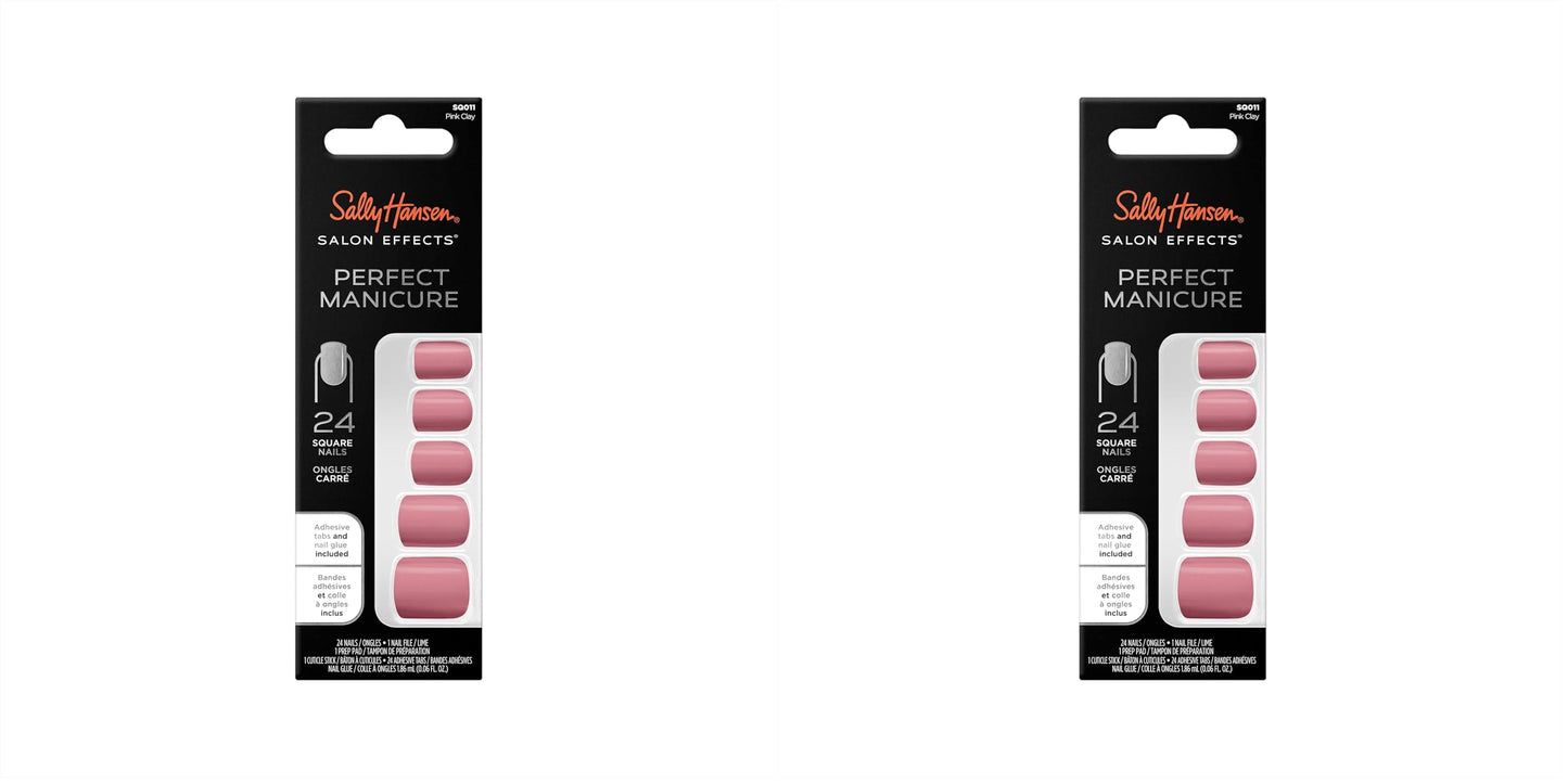 Sally Hansen Salon Effects® Perfect Manicure, Pink Clay, Press On Nails, Square Shaped, Non-Damaging Adhesive Tabs, File, and Alcohol Pad Included (Pack of 2)