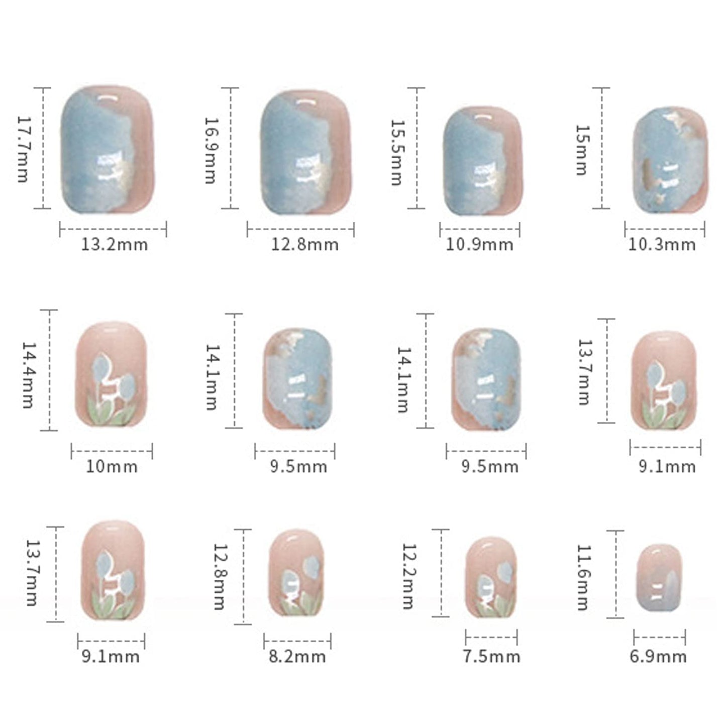24PCS Full Cover Reusable False Nails Kits, Press on Nail Short Square Glue on Nails with Blue Tulip Flower Designs Artificial Glossy Finger Acrylic Fake Nails for Women Stick on Nails Coffin Shape