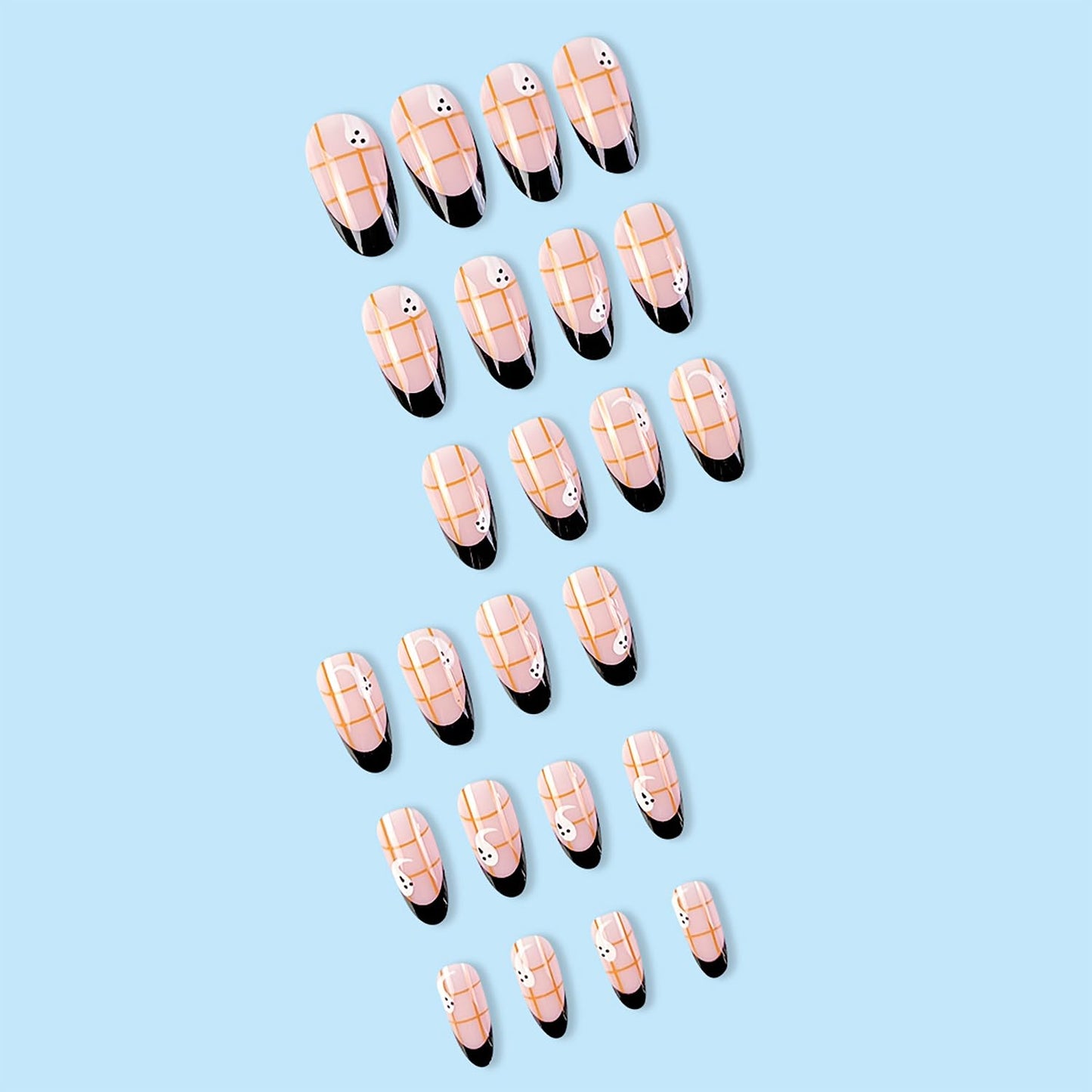 24 Pcs Halloween Press on Nails Almond Medium Fake Nails French Tip Halloween False Nails with Cute Ghost Grid Design Artificial Nails Press ons Full Cover Holiday Stick on Nail for Women Girls
