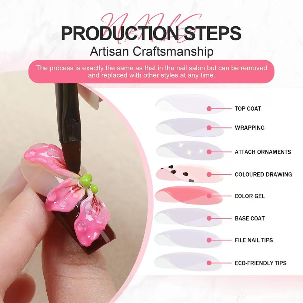 Threelegscat Square Handmade Press on Nails Medium Nails Press Ons With 3d Flower and French Tip Design Reusable Fake Nails for Women for Spring and Holiday 10pcs M Size Pattern S1110