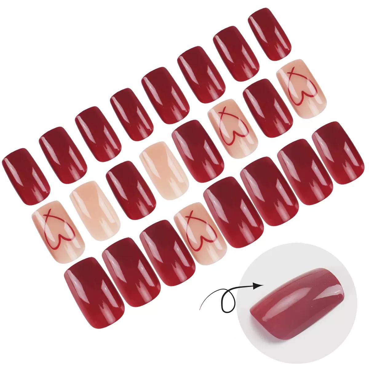 CTTHNBD Press on Nails Square - Short, Red Fake Nails with Heart Design - Solid Color Full Cover Stick on False Nails - for Women 24 Pcs