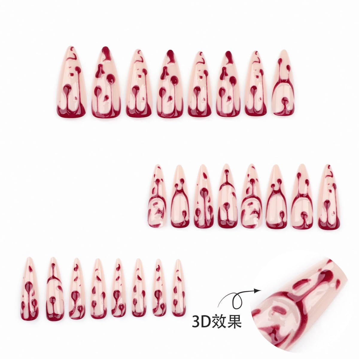 Halloween Press on Nails Long Almond Fake Nails Blood Design Stick on Nails Glossy Stiletto False Nails Artificial Reusable Full Cover Acrylic Glue on Nail for Women Nail Art Decoration 24Pcs