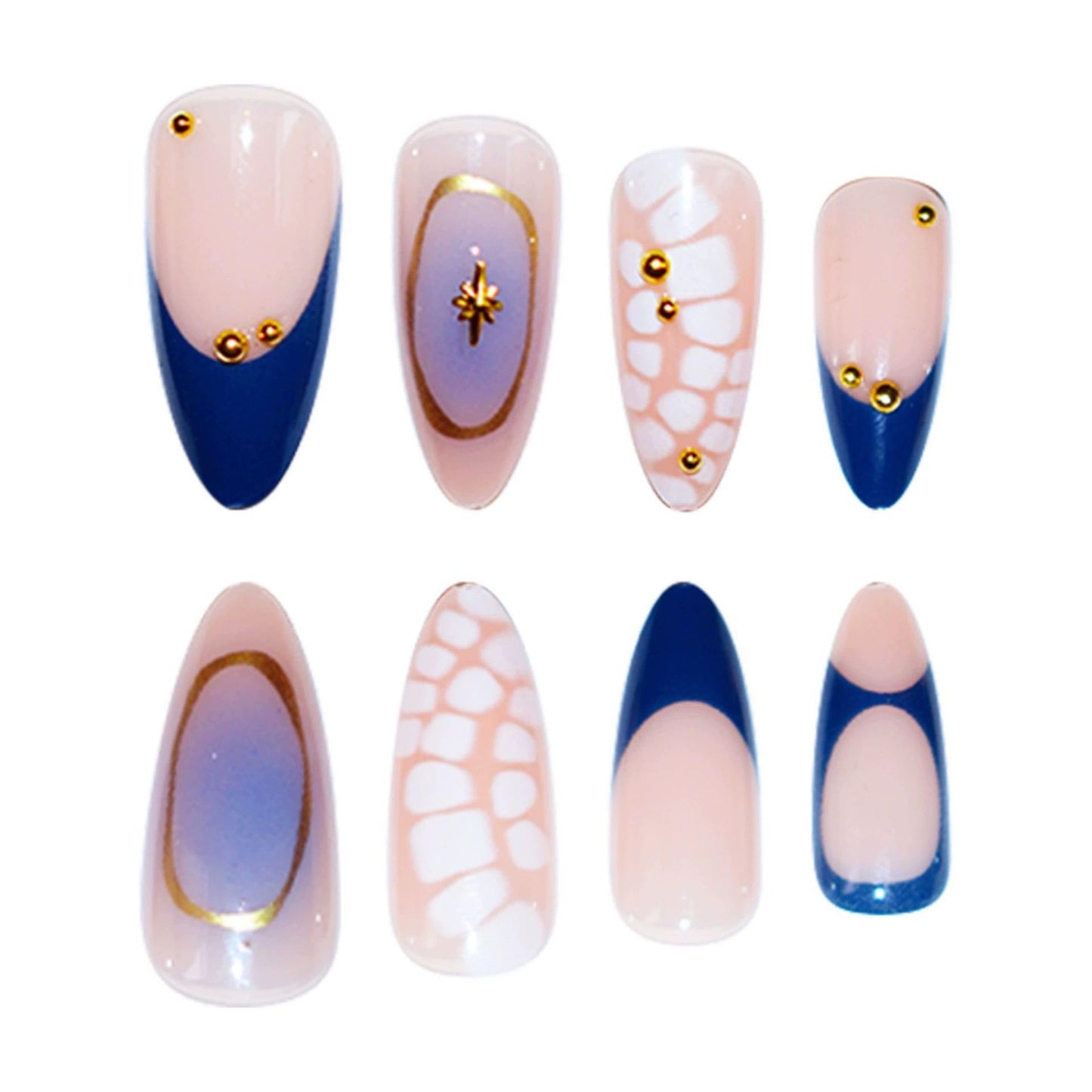 Gleamrain Almond Press on Nails Medium with French Design Blue Glue on Nail for Women Summer Vacation 24pcs