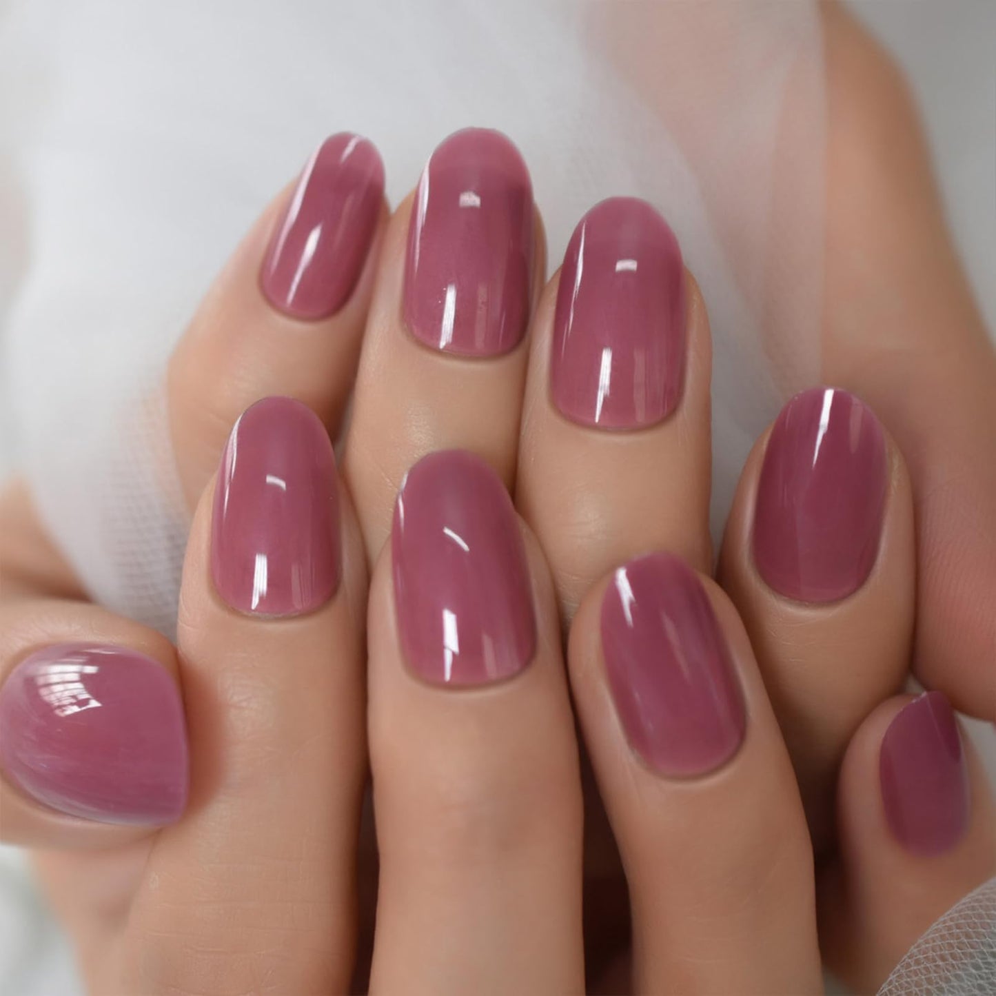 iBeautying Press on Nails - Taro Red Pure Color Semi-Transparent False Nails | UV Gel Finish Medium Short Small Round Shape Reusable Fake Nails - 24 Nail Kit with Jelly Glue Pad