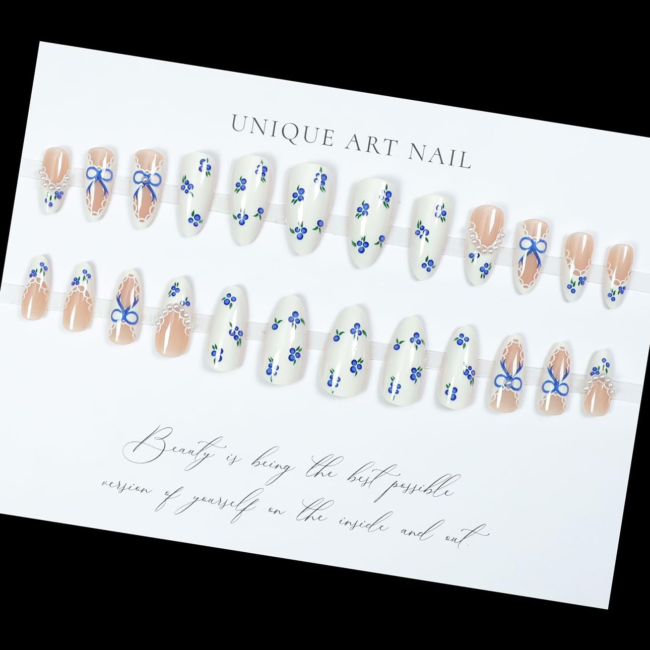 LPOODDNU Blue White Press on Nails Almond - Medium Blueberry Lace French Pearl Design Fake Nails, Glossy Finished Reusable False Nails with Adhesive Glue Tabs - 24Pcs Nail Kit for Women Manicure