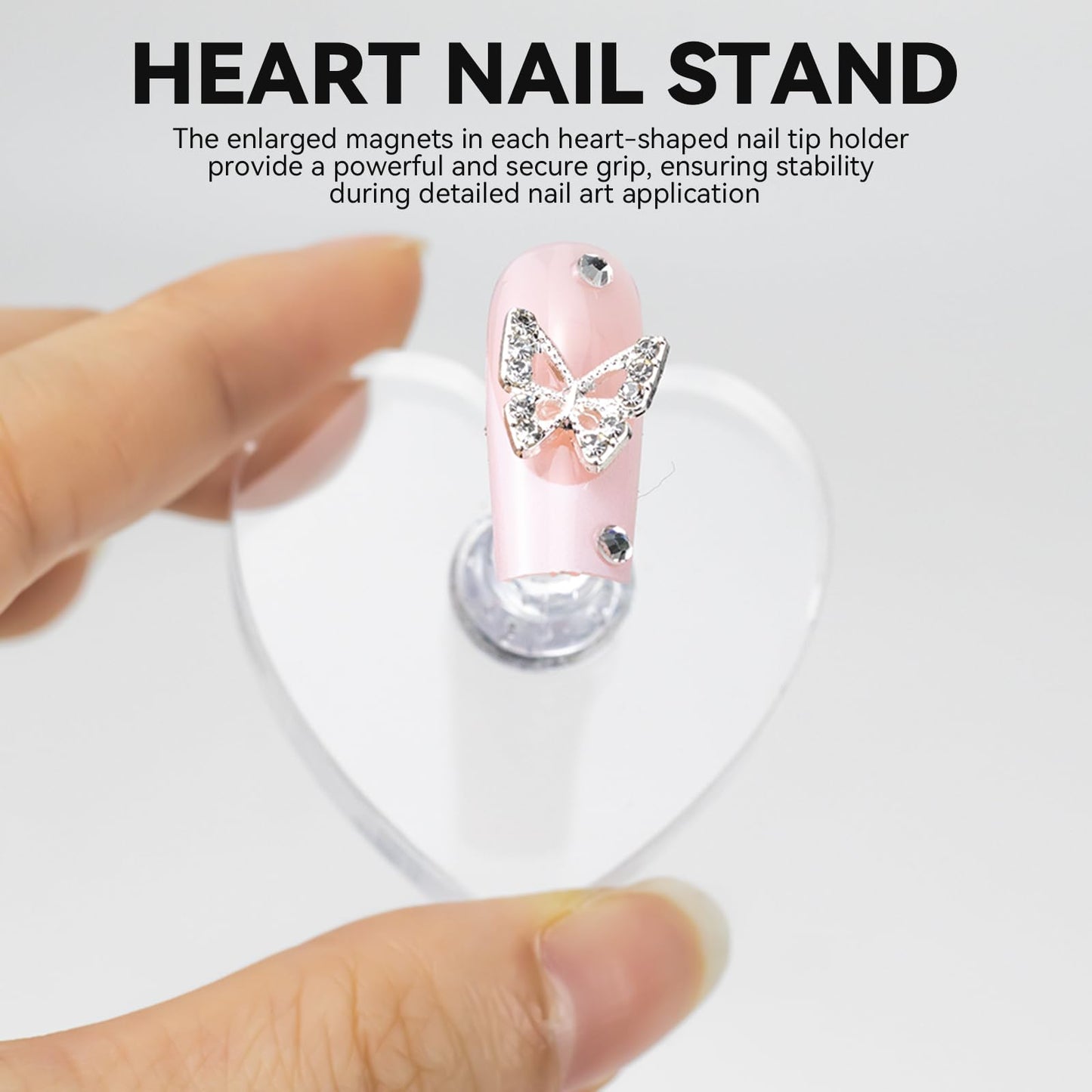 ESUOHYM Nail Stands for Press On Nails Painting Display Practice, Powerful Magnetic Nail Tip Holders for Diy Design, Heart Nail Art Stand with 200 PCS Double-Sided Tapes Home Salon Use (Silver)