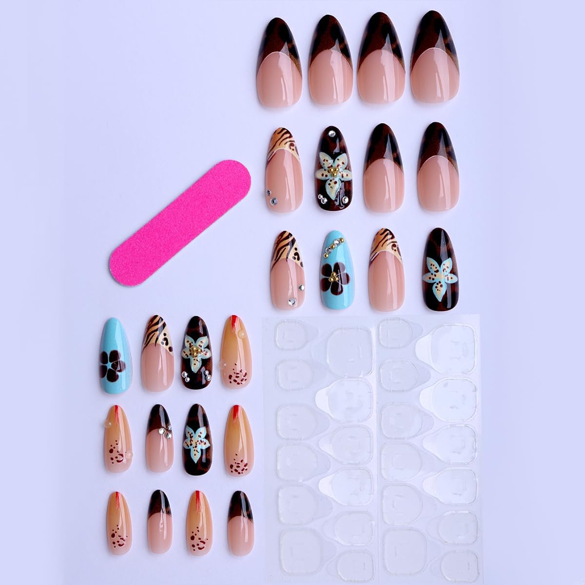 plalely Almond Press on Nails Long Colorful Fake Nailwith 3D Flowers Designs Acrylic Nail Press ons Sparkly Rhinestones Stick on Nails for Women 24pcs