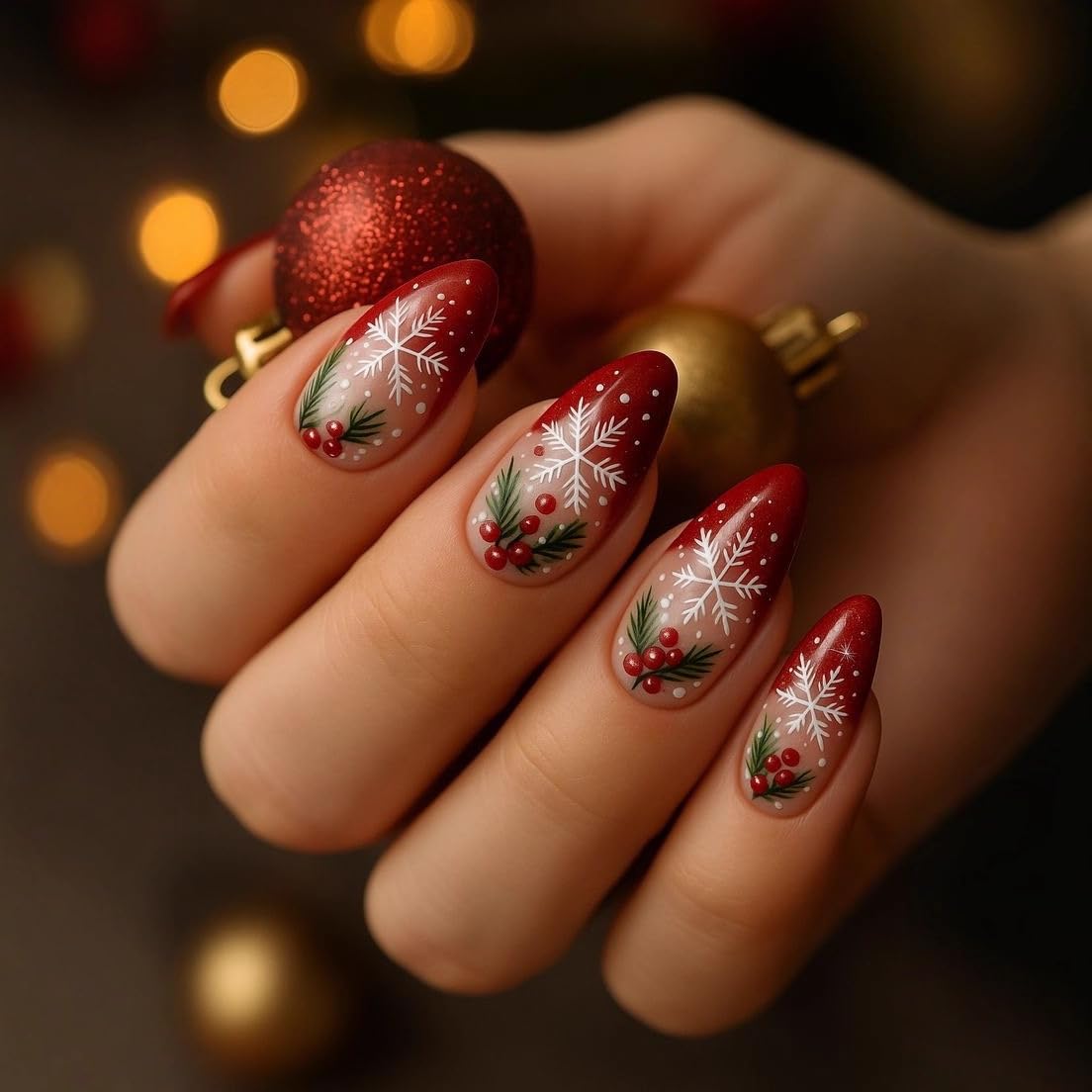 Christmas Press on Nails Medium Almond Fake Nails Snowflake with Red Fruit Designs False Nails Full Cover Glossy Red Gradient French for Women Christmas Party Wear Manicure Decoration 24PCS