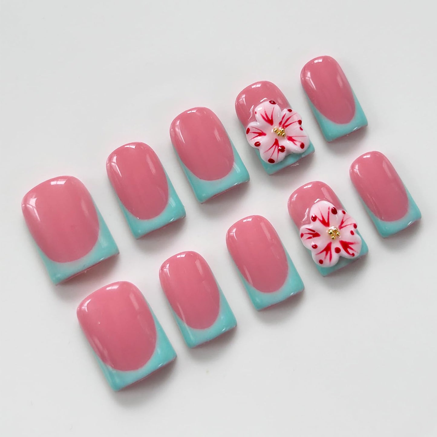Short Square Handmade Press on Nails 3D Flower Green French Tip Reusable Thick Shiny Gel Nails Full Cover Stick on Nail for Women Party & Daily Wear 10Pcs (Size M)