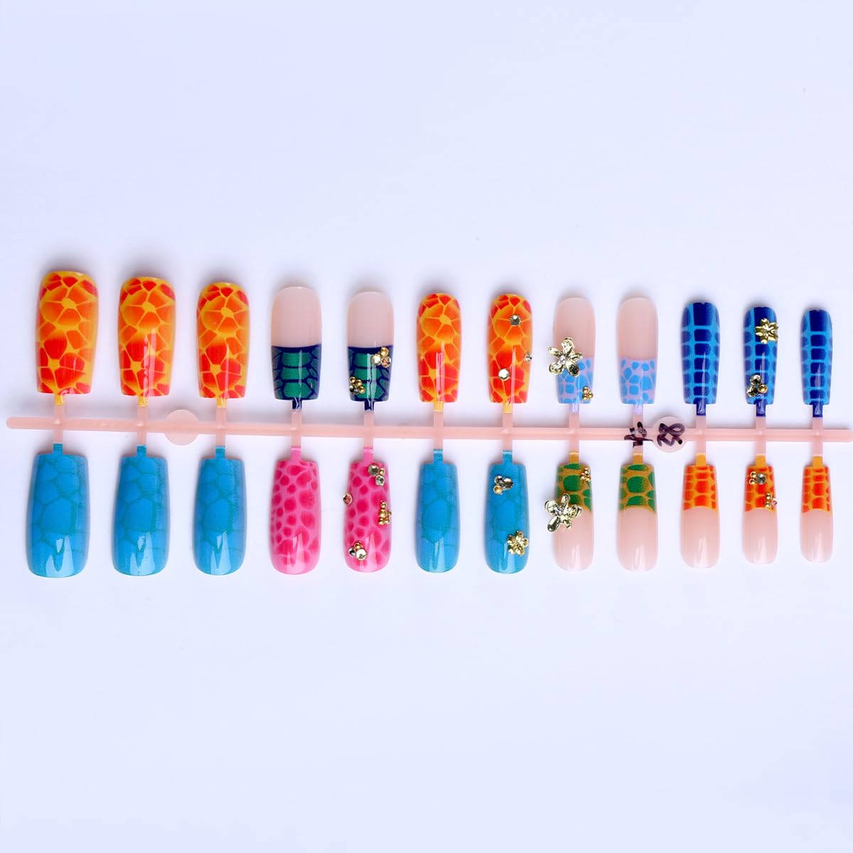 plalely Press on Nails French Tip, Handmade Acrylic Press on French Tip Nails with Flower Designs，Long Square Nail Press Ons for Women 24pcs