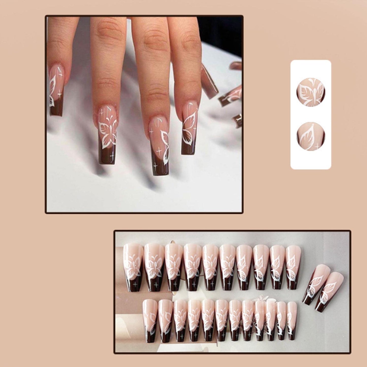 YoYoee Brown French Press on Nails Long Coffin False Nails Bling Fake Nails Full Cover Butterfly Nails Tips for Women and Girls 24PCS