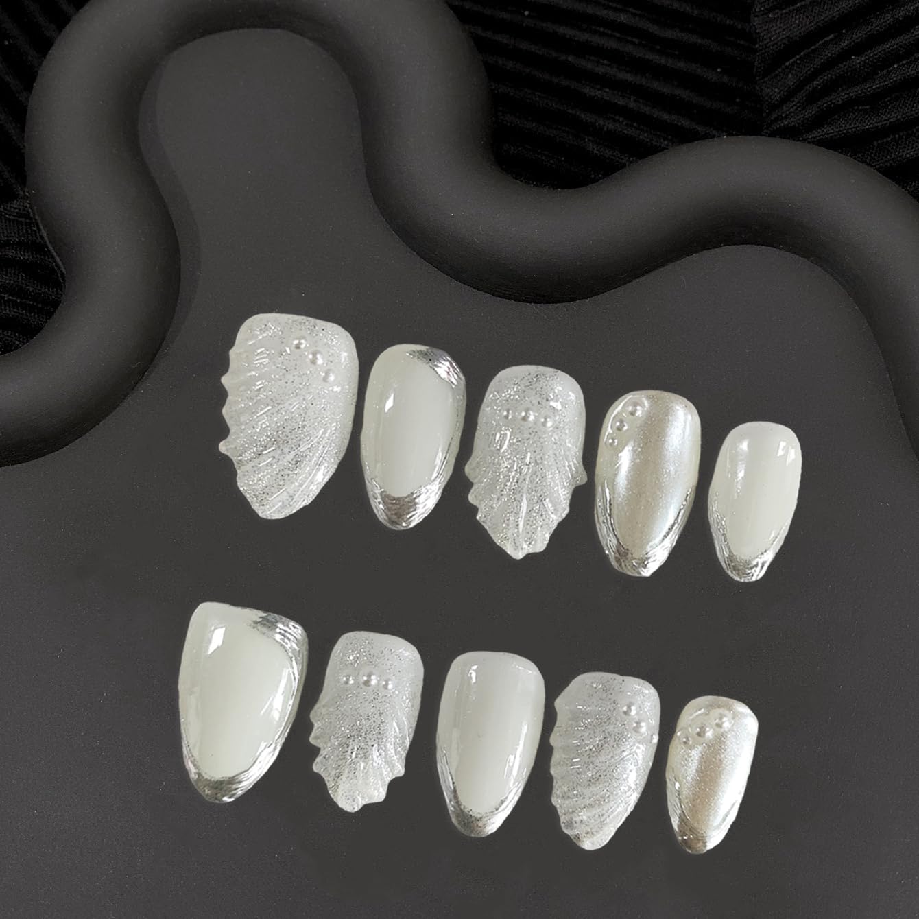 Handmade on Nails Silver French Tip Fake Nail Fish Tail Pearl Embossed Designs Short Almond Acrylic Luxury Muti-Layer Gel False Nail Full Cover Stick on Nail for Women Nails Art (Size M)