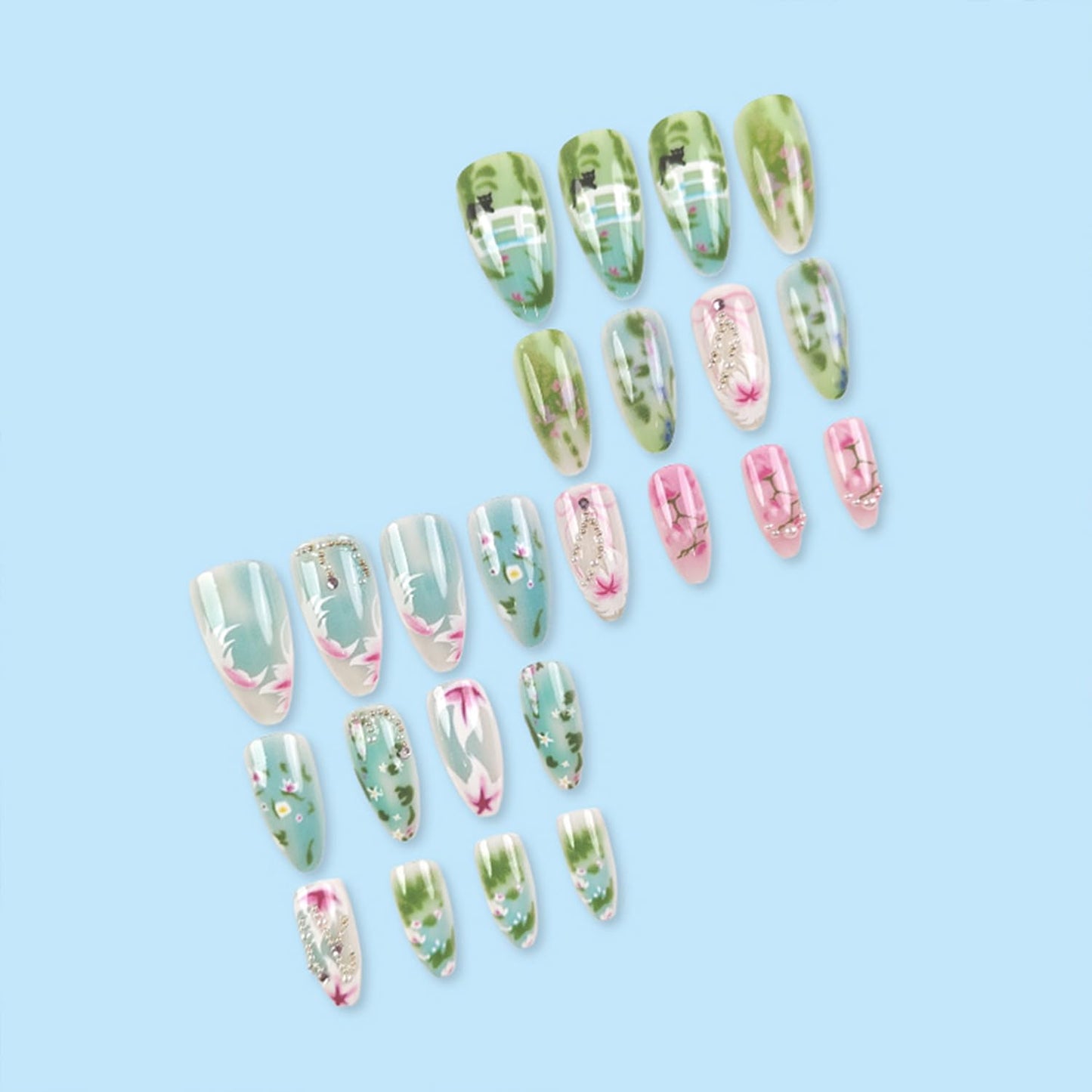 30Pcs Green Flower Press on Nails Medium Almond Fake Nails with Pearl Rhinestones Designs Cute Cat False Nails Bow Stick on Nail Flowers Pastoral Acrylic Nails Glue on Nail for Women Daily Wear